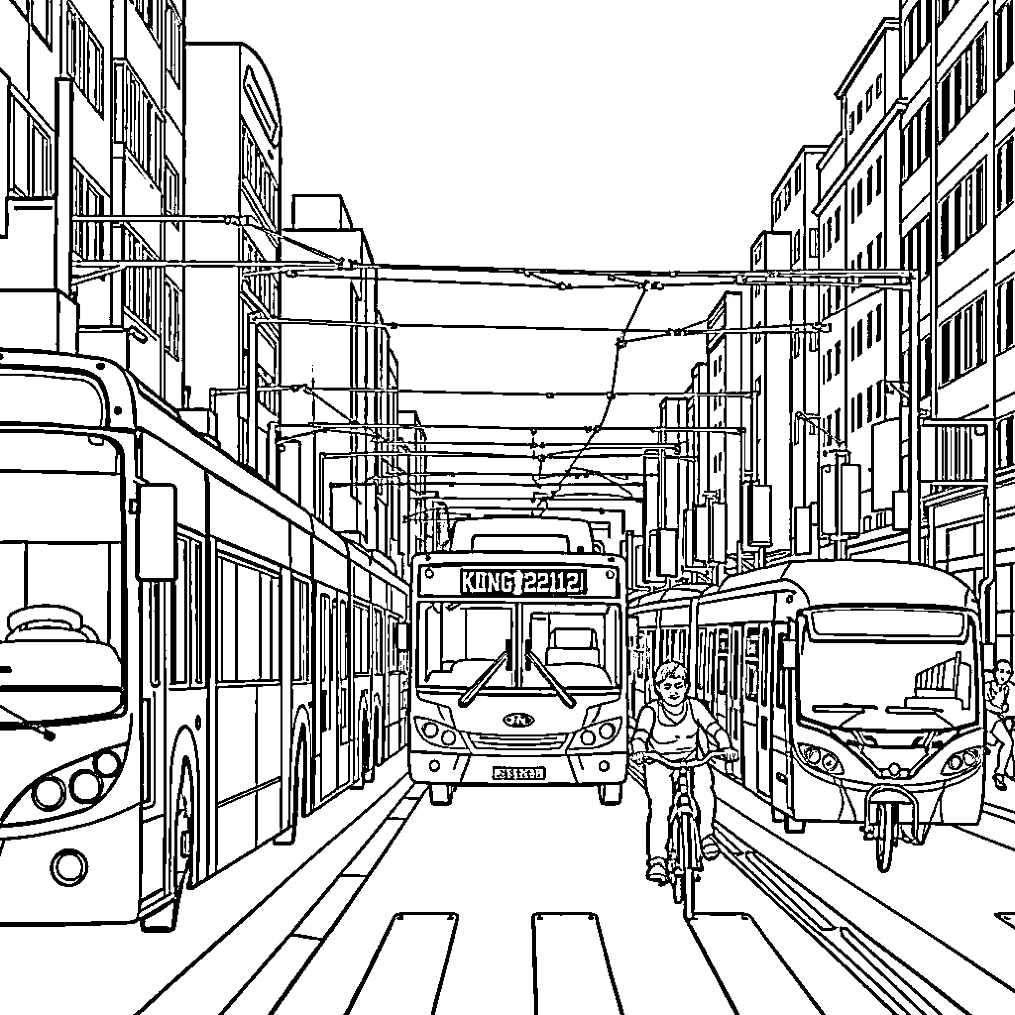 Transport of people and vehicles in a busy city street Coloring Page (free black-and-white line drawing printable PDF for all, from beginners to advanced learners, including children, teens, adults, and seniors)