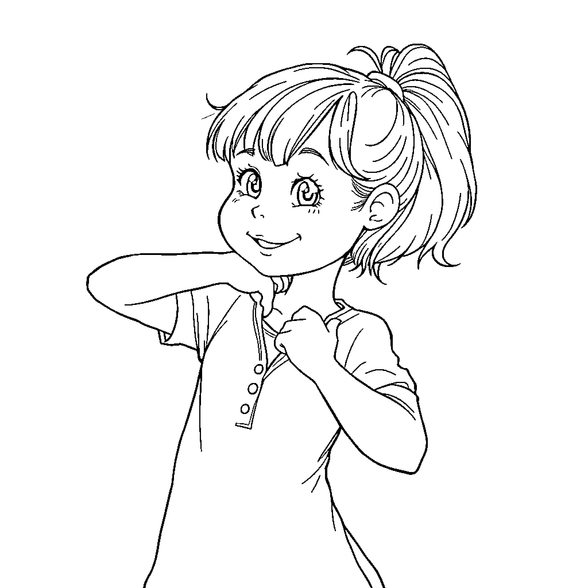 Teen girl cheerfully looking ahead Coloring Page (free black-and-white line drawing printable PDF for all, from beginners to advanced learners, including children, teens, adults, and seniors)