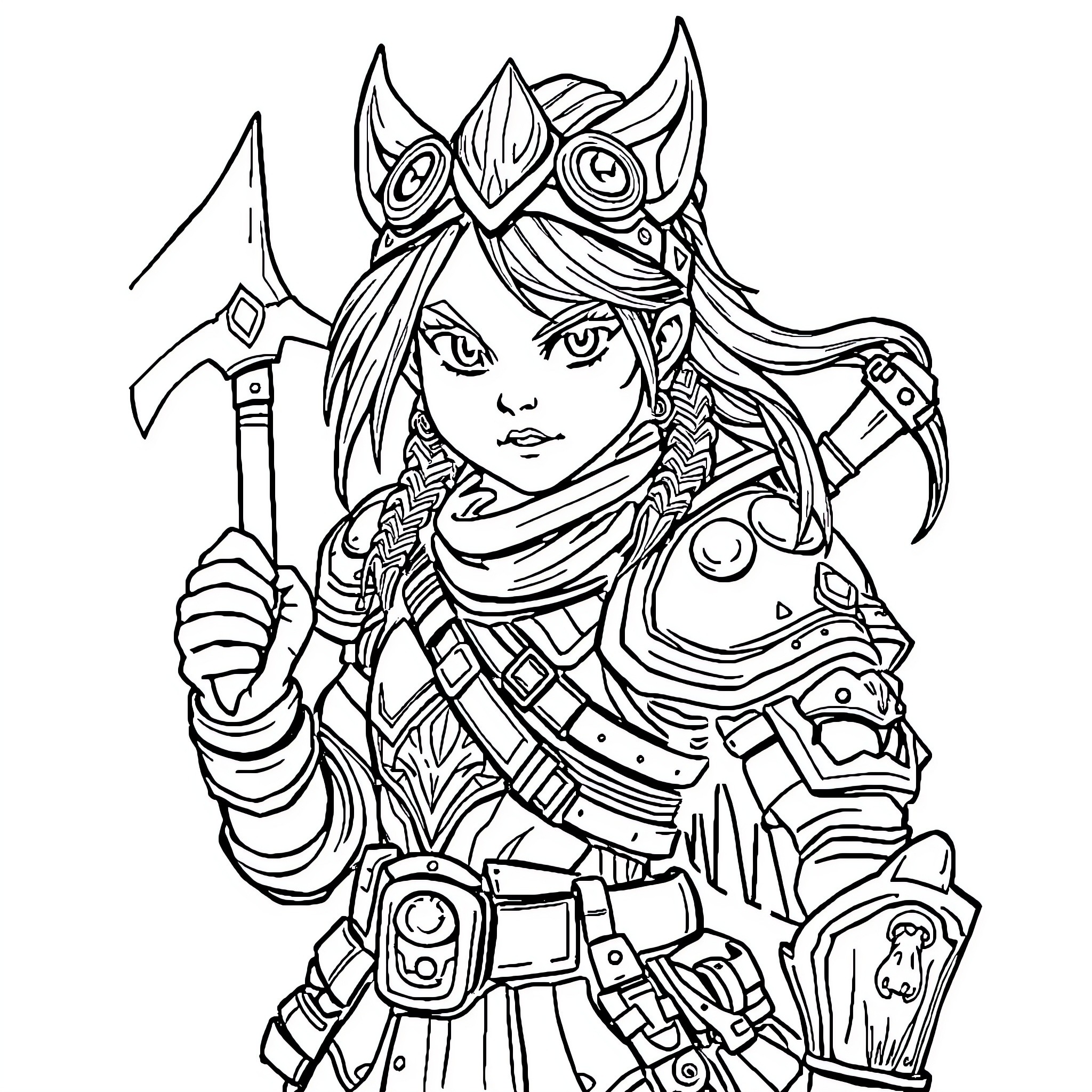 Warrior Princess with Powerful Magical Attire Coloring Page (free black-and-white line drawing printable PDF for all, from beginners to advanced learners, including children, teens, adults, and seniors)