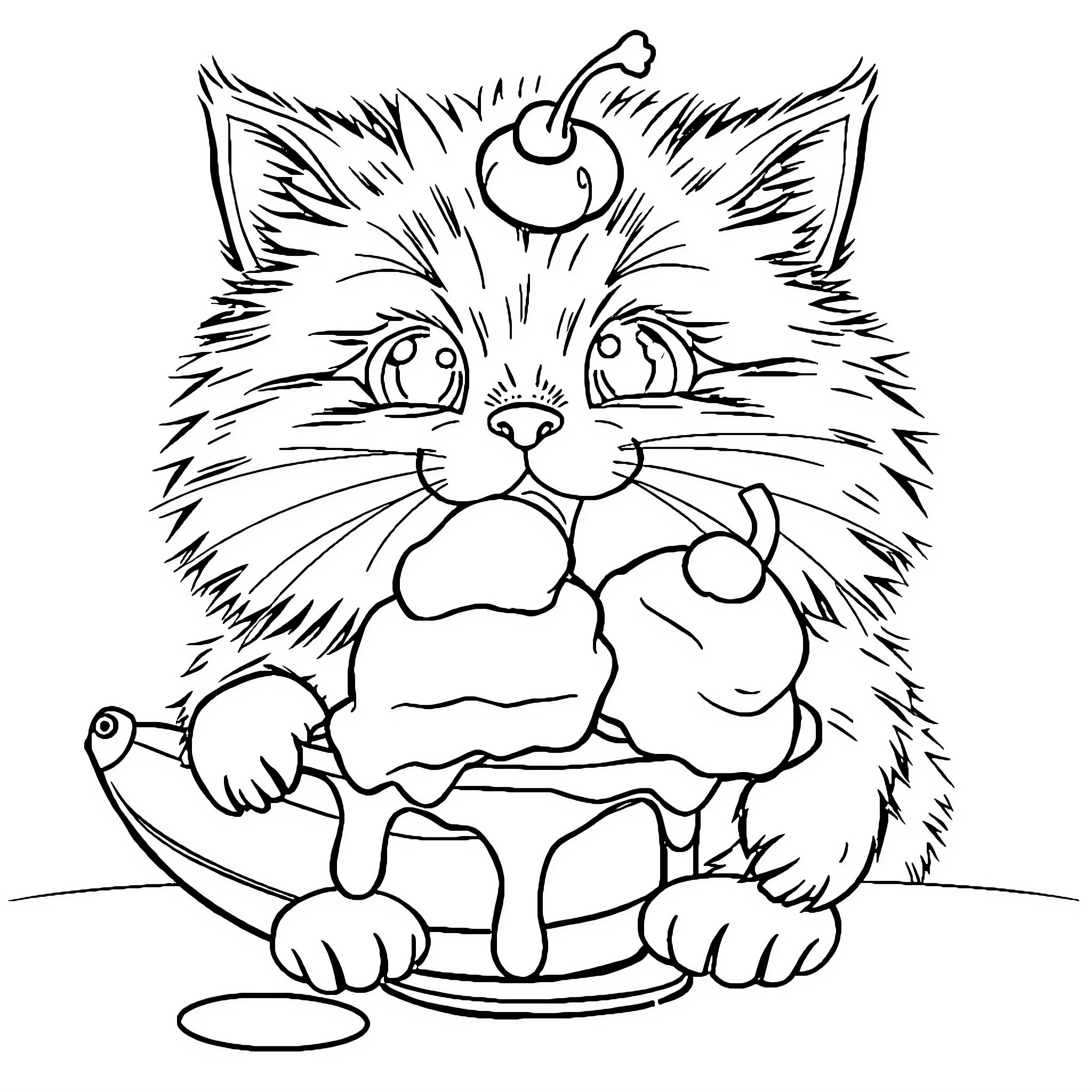 Cat enjoying a cozy meal Coloring Page (free black-and-white line drawing printable PDF for all, from beginners to advanced learners, including children, teens, adults, and seniors)