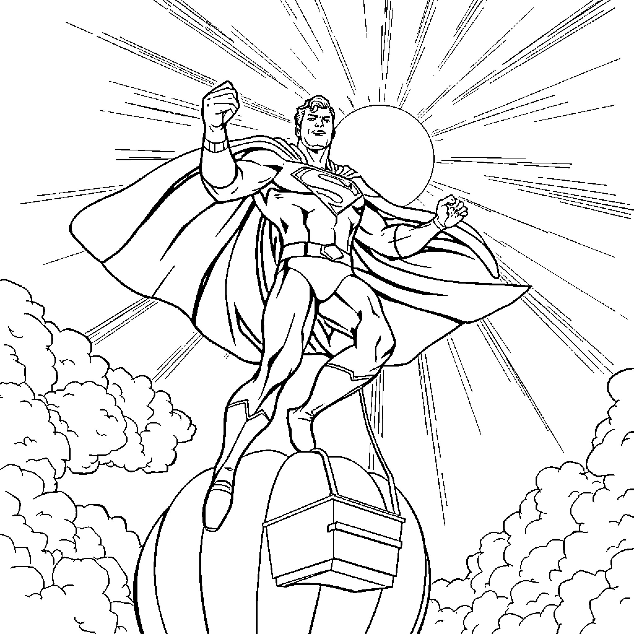 Superman heroically striking a powerful pose Coloring Page (free black-and-white line drawing printable PDF for all, from beginners to advanced learners, including children, teens, adults, and seniors)