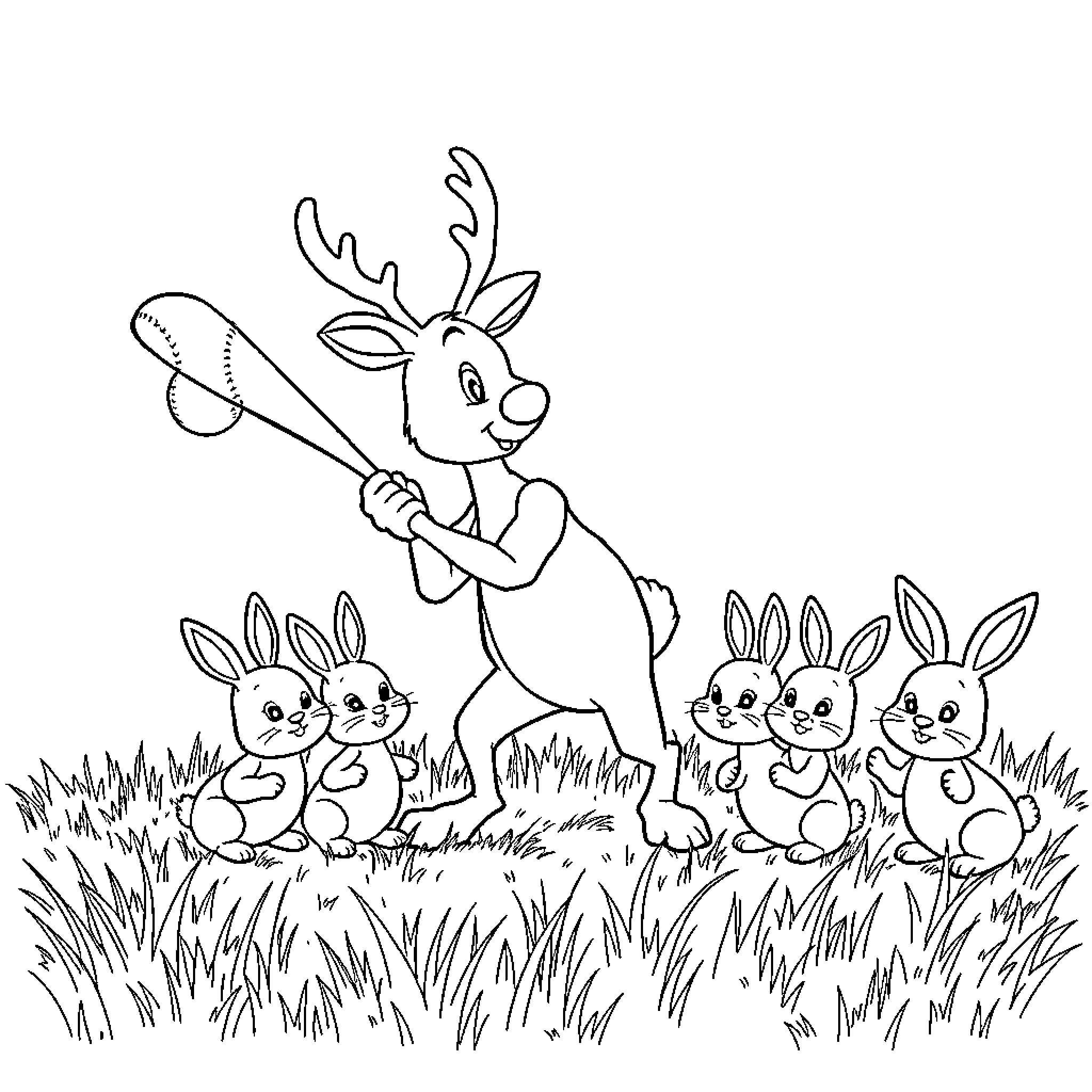 Rudolph helping bunnies in a grassy meadow Coloring Page (free black-and-white line drawing printable PDF for all, from beginners to advanced learners, including children, teens, adults, and seniors)