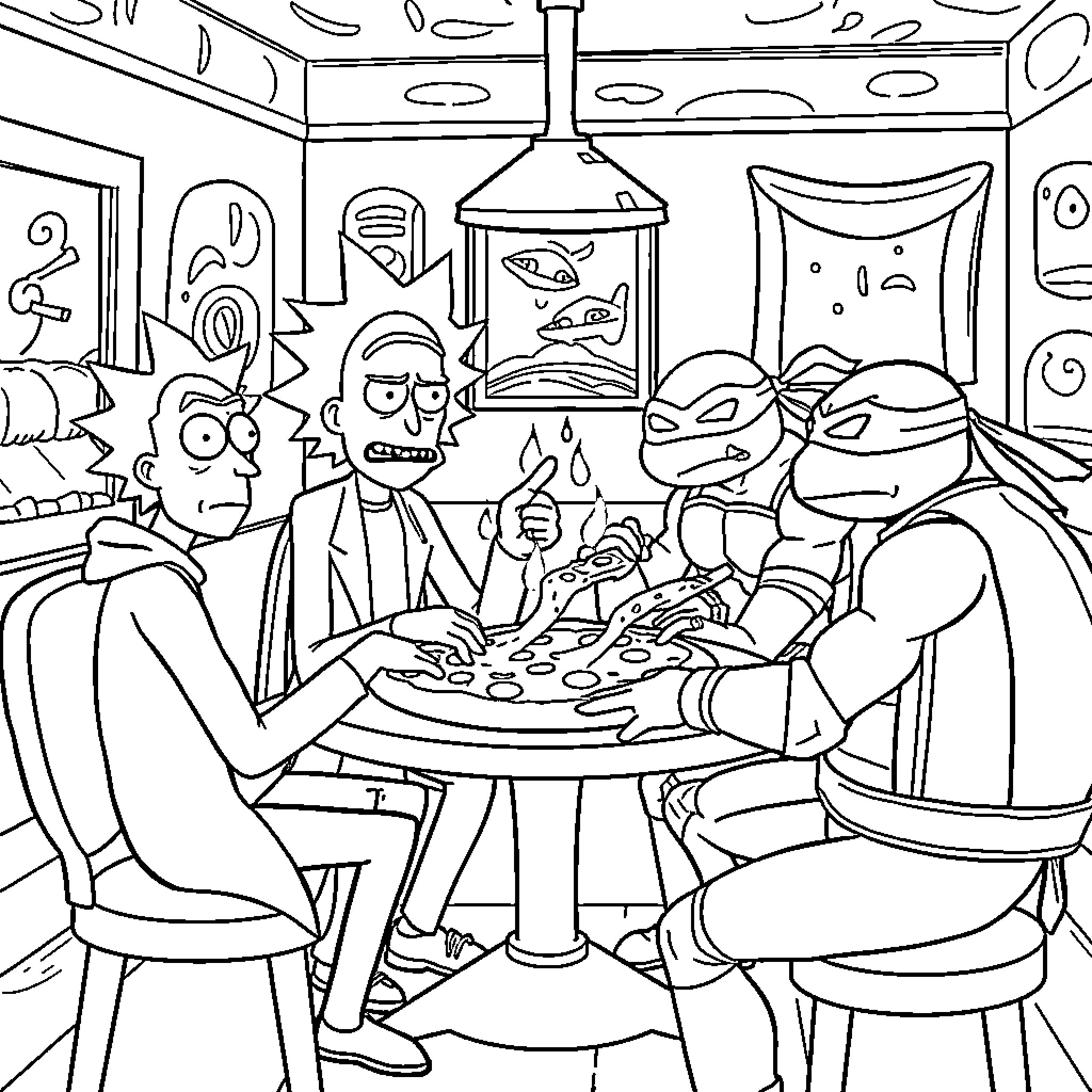 Rick And Morty Enjoying Pizza and Gadgets Coloring Page (free black-and-white line drawing printable PDF for all, from beginners to advanced learners, including children, teens, adults, and seniors)