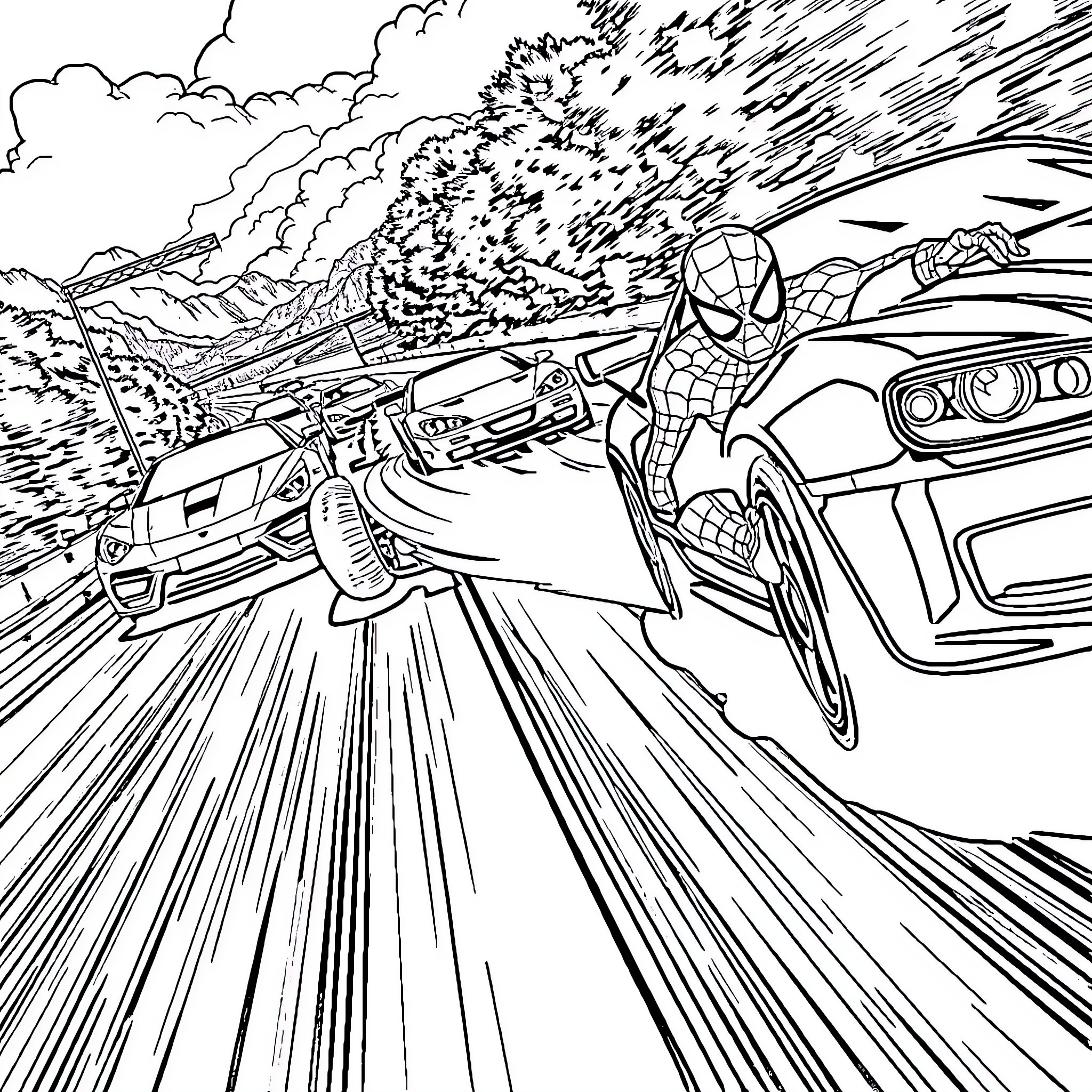 Car chasing action scene with superhero Coloring Page (free black-and-white line drawing printable PDF for all, from beginners to advanced learners, including children, teens, adults, and seniors)