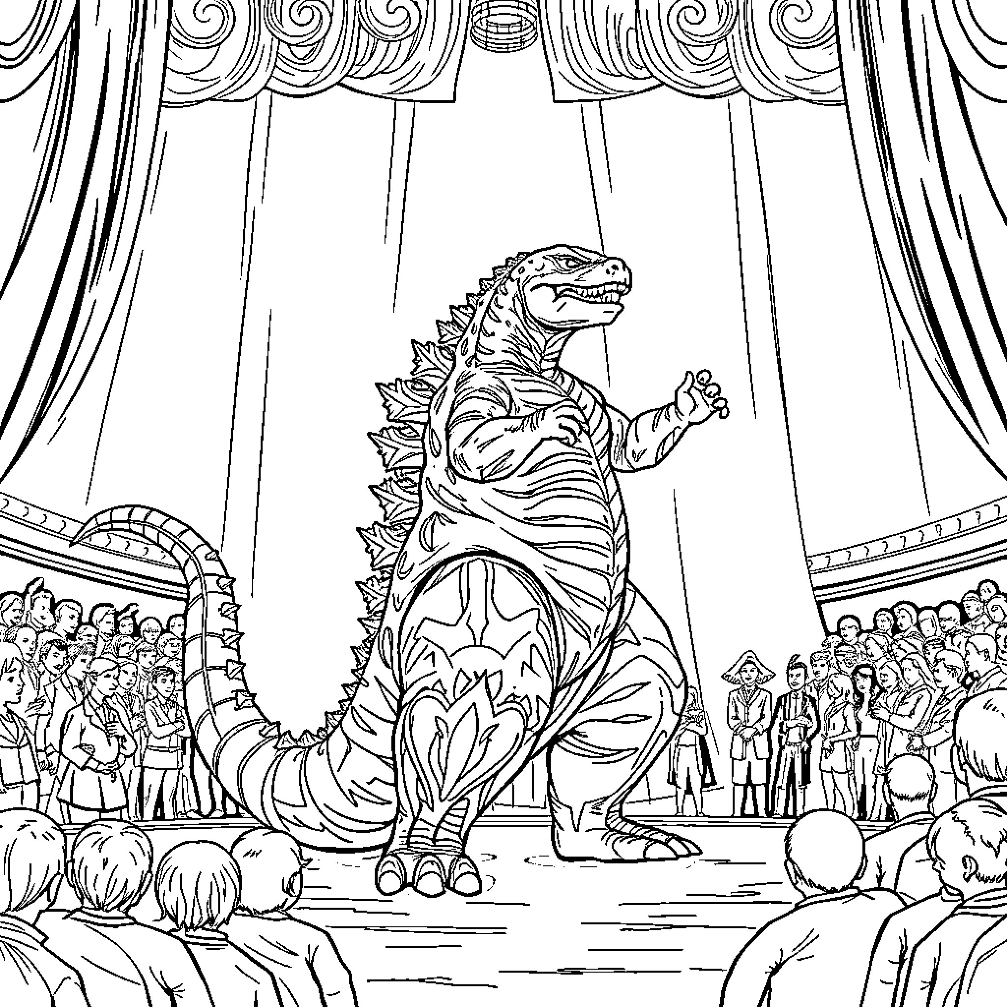Godzilla Unleashed in a Theatrical Spectacle Coloring Page (free black-and-white line drawing printable PDF for all, from beginners to advanced learners, including children, teens, adults, and seniors)
