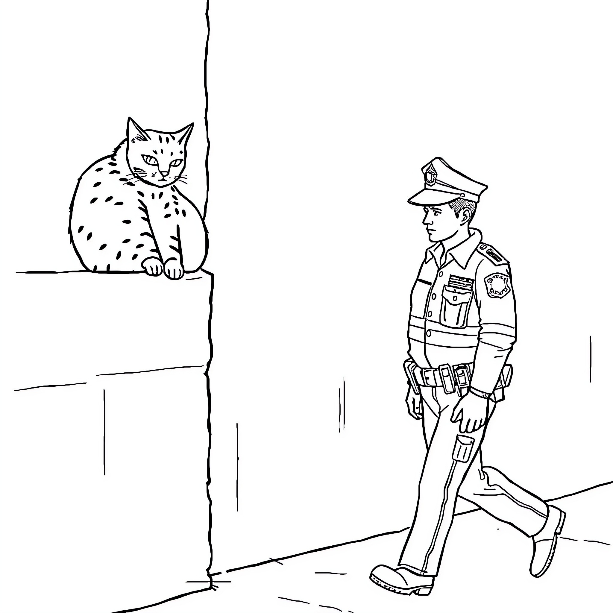 Cat observing police officer on patrol Coloring Page (free black-and-white line drawing printable PDF for all, from beginners to advanced learners, including children, teens, adults, and seniors)