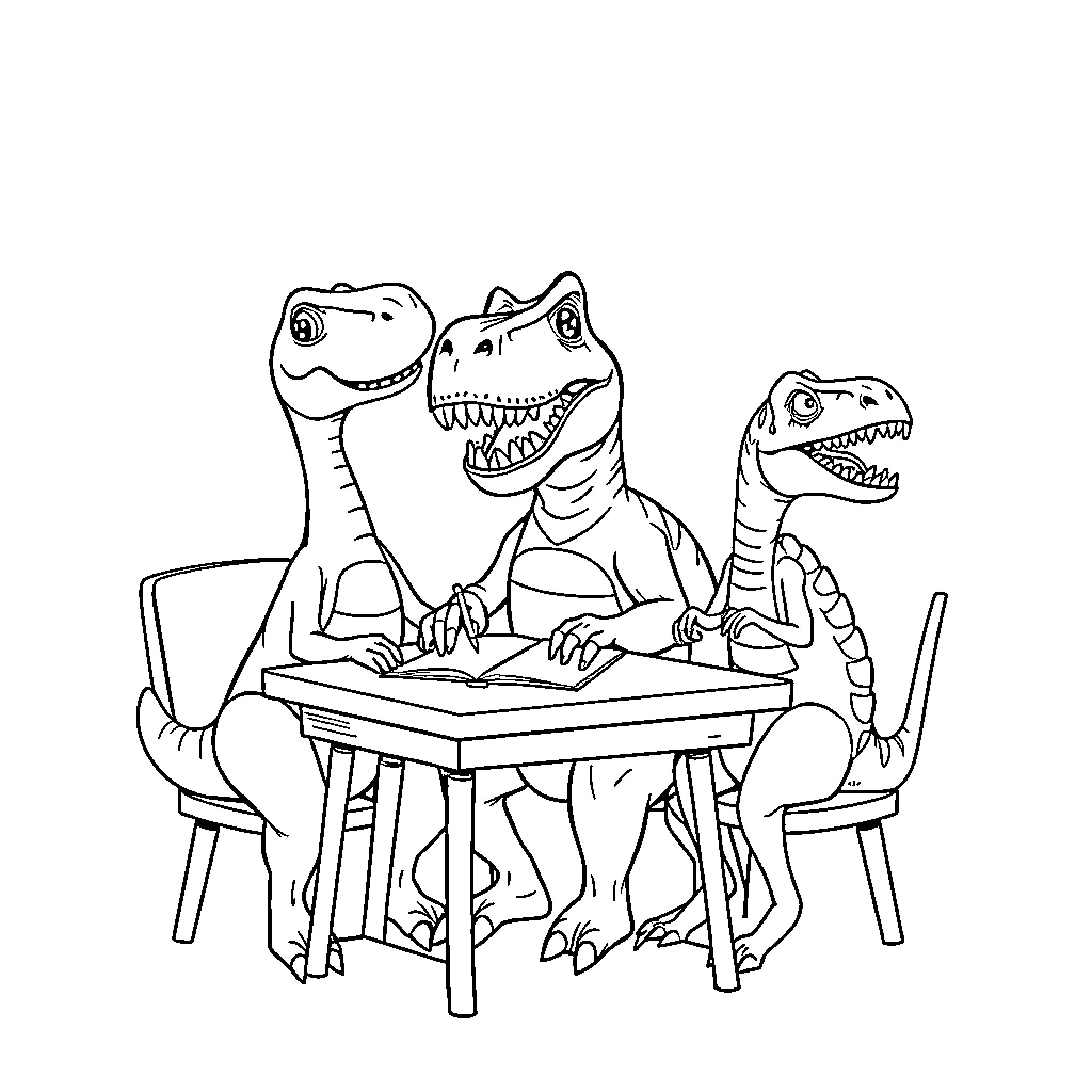 Dinosaurs playing board game together Coloring Page (free black-and-white line drawing printable PDF for all, from beginners to advanced learners, including children, teens, adults, and seniors)