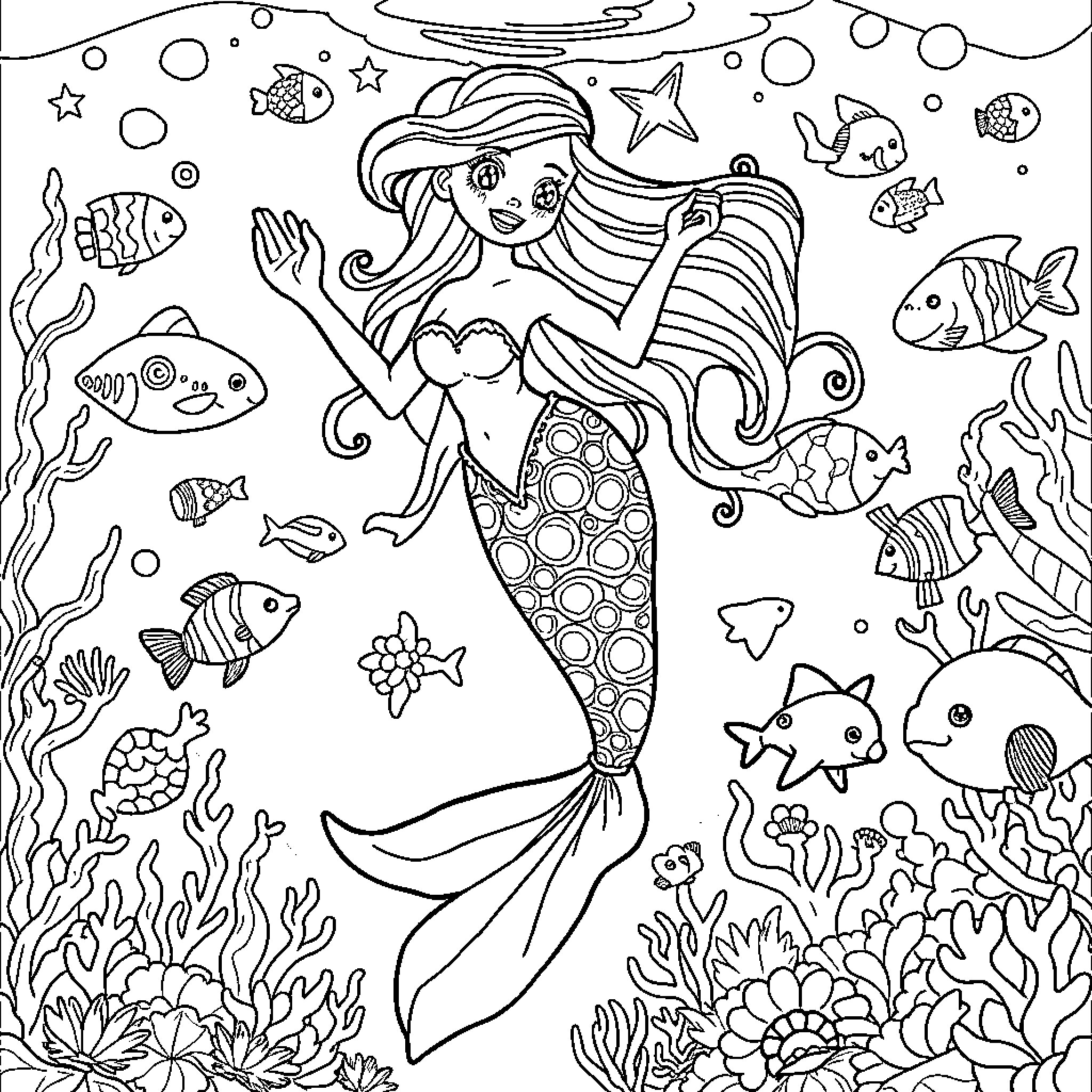 Mermaid joyfully swimming with sea creatures Coloring Page (free black-and-white line drawing printable PDF for all, from beginners to advanced learners, including children, teens, adults, and seniors)
