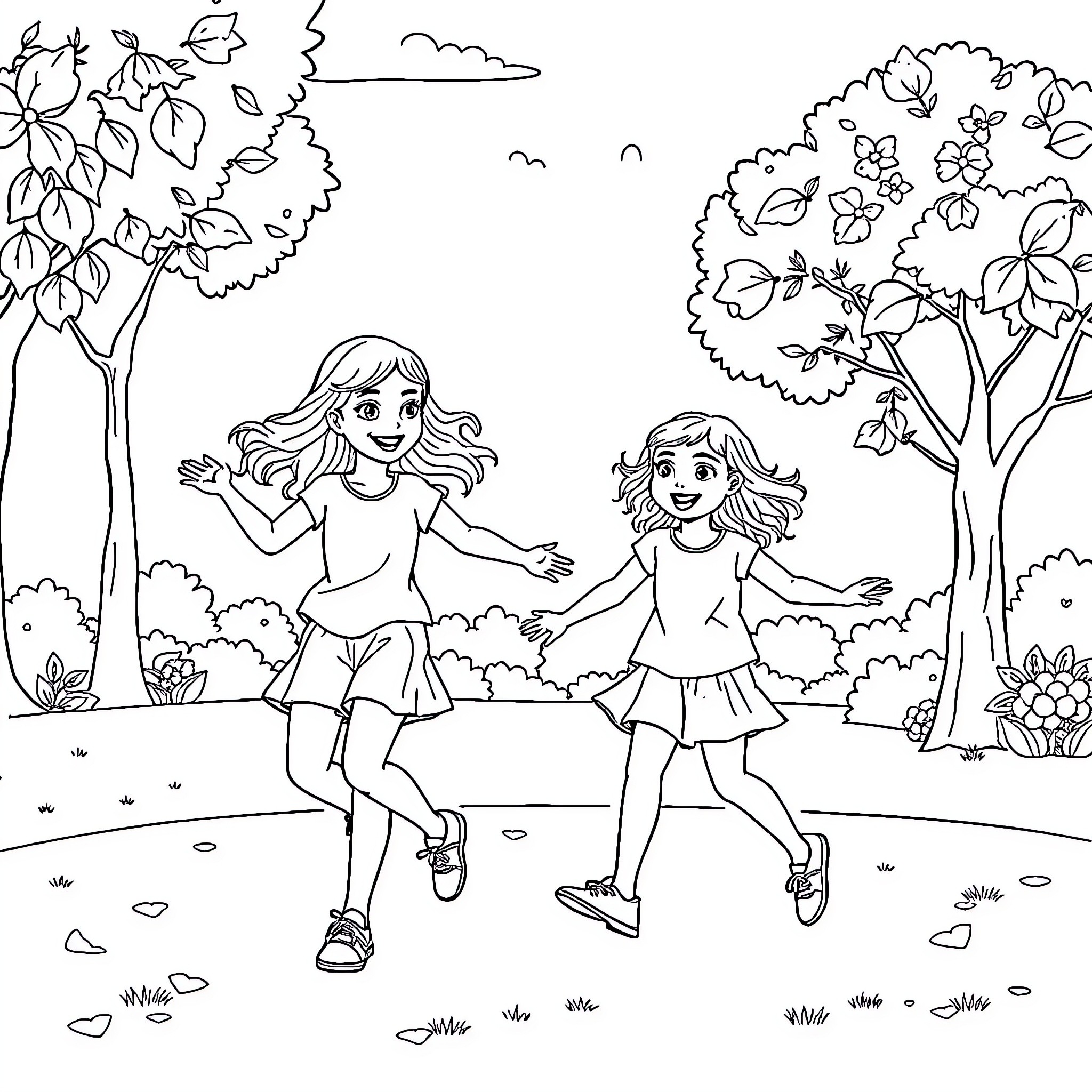 Girls happily running in the park Coloring Page (free black-and-white line drawing printable PDF for all, from beginners to advanced learners, including children, teens, adults, and seniors)