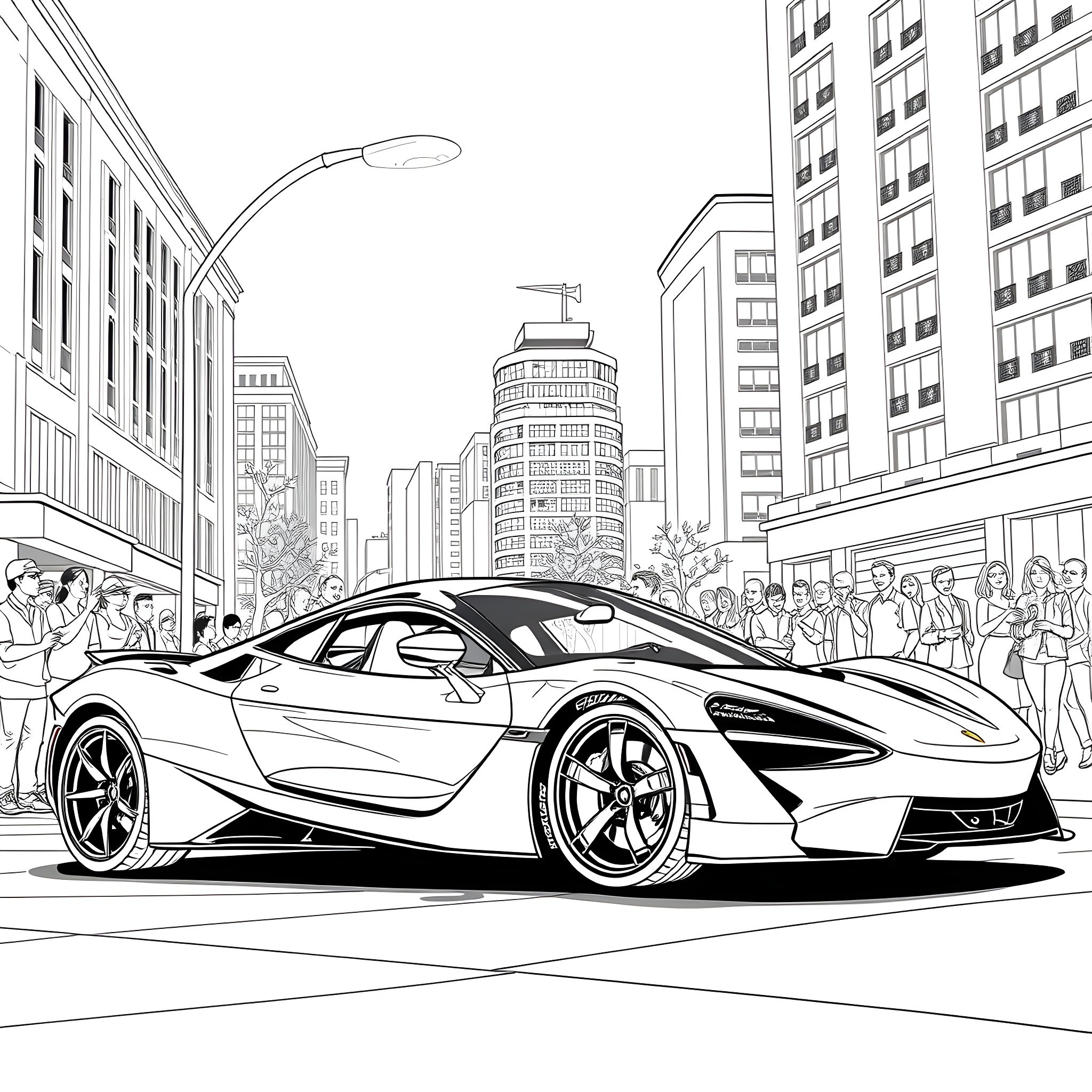 Sports Car in Bustling City Street Scene Coloring Page (free black-and-white line drawing printable PDF for all, from beginners to advanced learners, including children, teens, adults, and seniors)