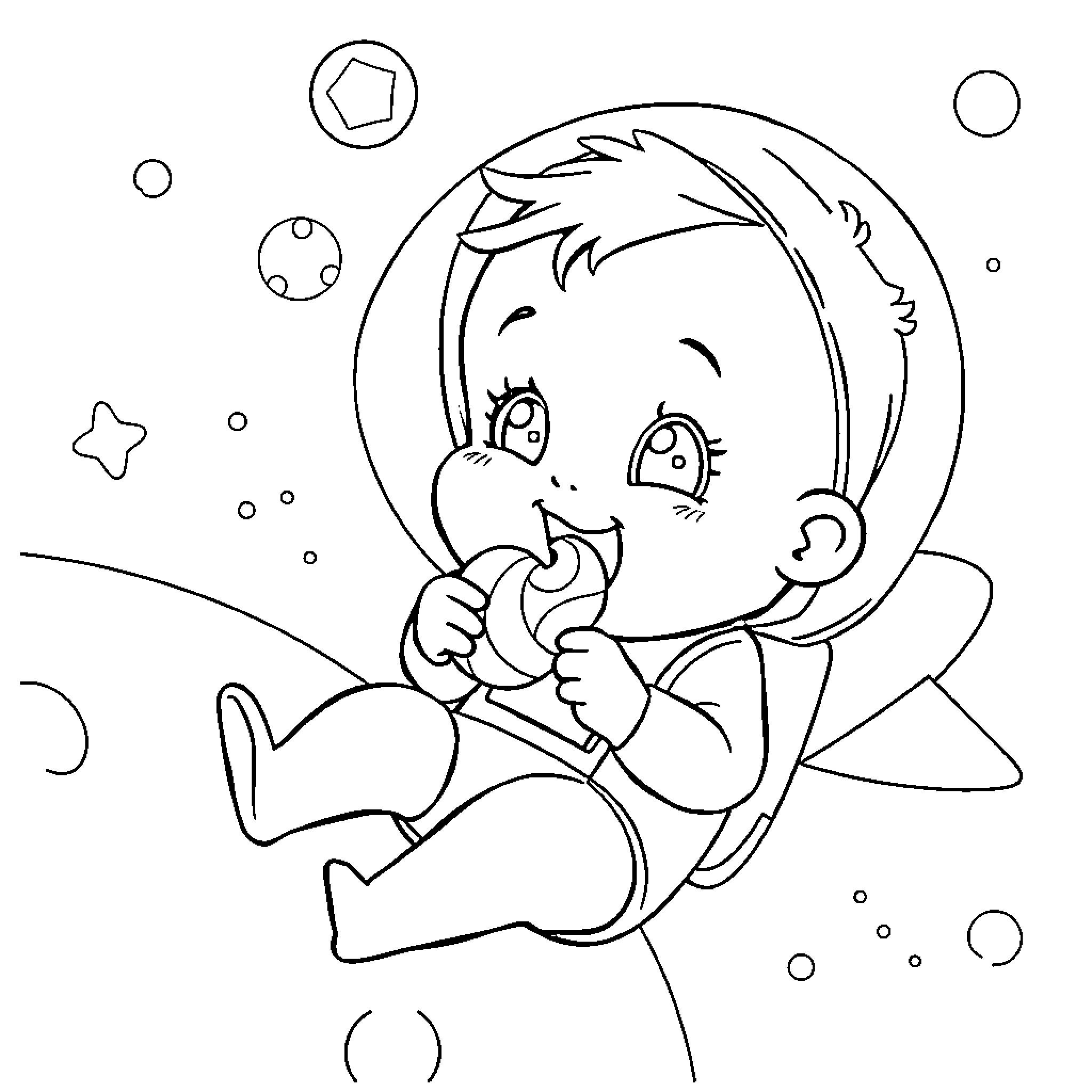 Baby enjoying a tasty treat in the bubble-filled space Coloring Page (free black-and-white line drawing printable PDF for all, from beginners to advanced learners, including children, teens, adults, and seniors)