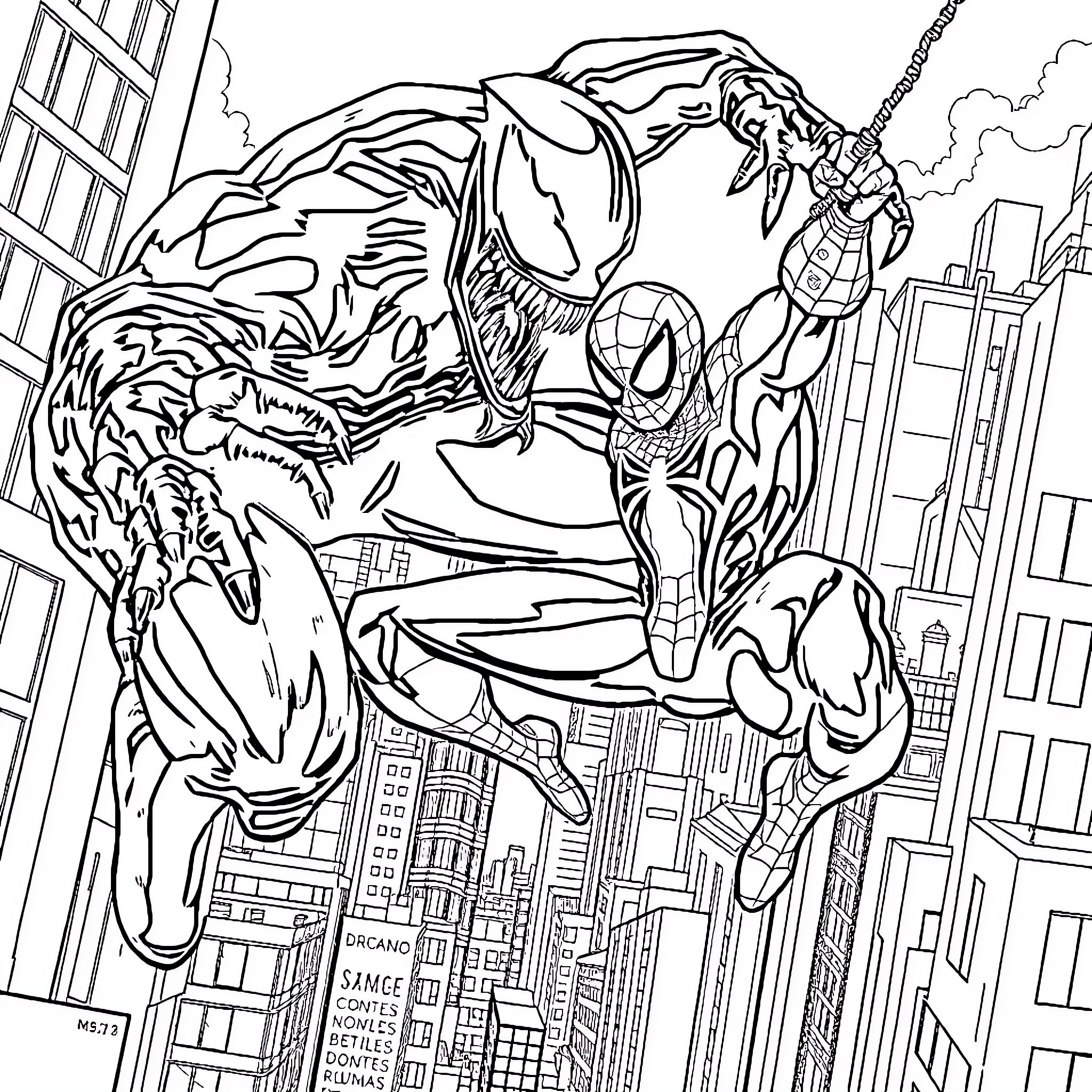 Spider-Man battles a monstrous foe in the city Coloring Page (free black-and-white line drawing printable PDF for all, from beginners to advanced learners, including children, teens, adults, and seniors)
