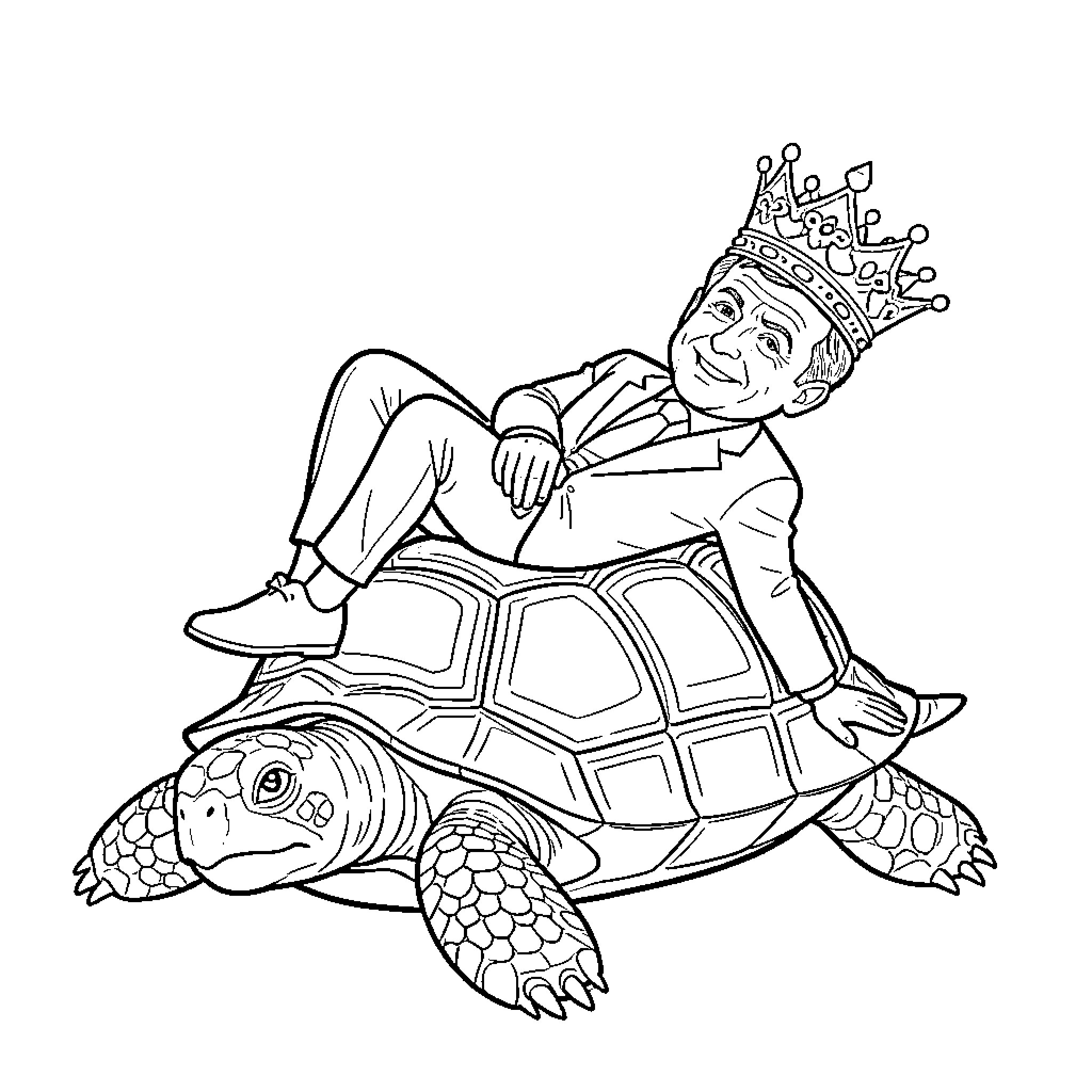 Emmanuel Macron lounging on a giant tortoise Coloring Page (free black-and-white line drawing printable PDF for all, from beginners to advanced learners, including children, teens, adults, and seniors)