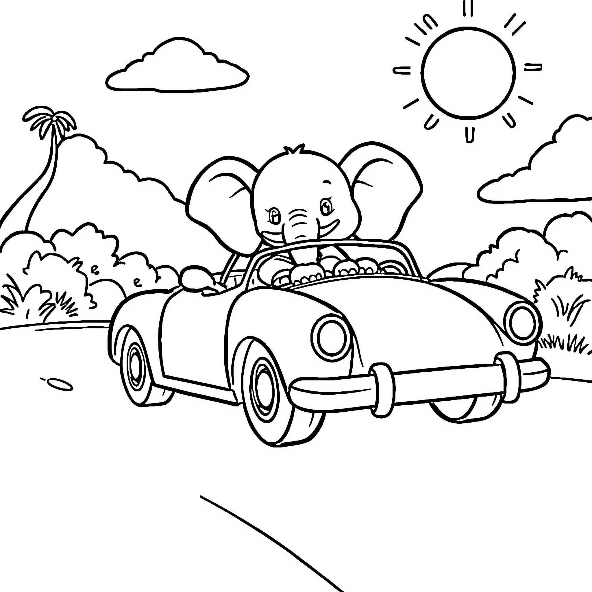 Elephant driving a car in a sunny landscape Coloring Page (free black-and-white line drawing printable PDF for all, from beginners to advanced learners, including children, teens, adults, and seniors)