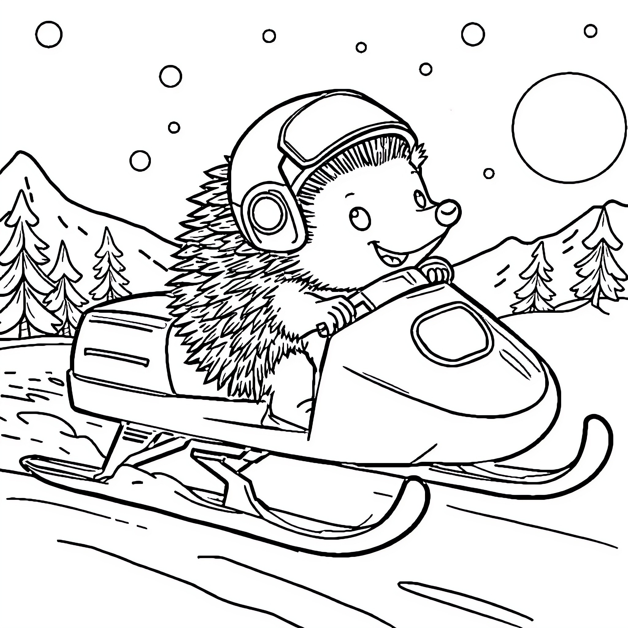 Hedgehog riding a snowmobile in snowy winter landscape Coloring Page (free black-and-white line drawing printable PDF for all, from beginners to advanced learners, including children, teens, adults, and seniors)