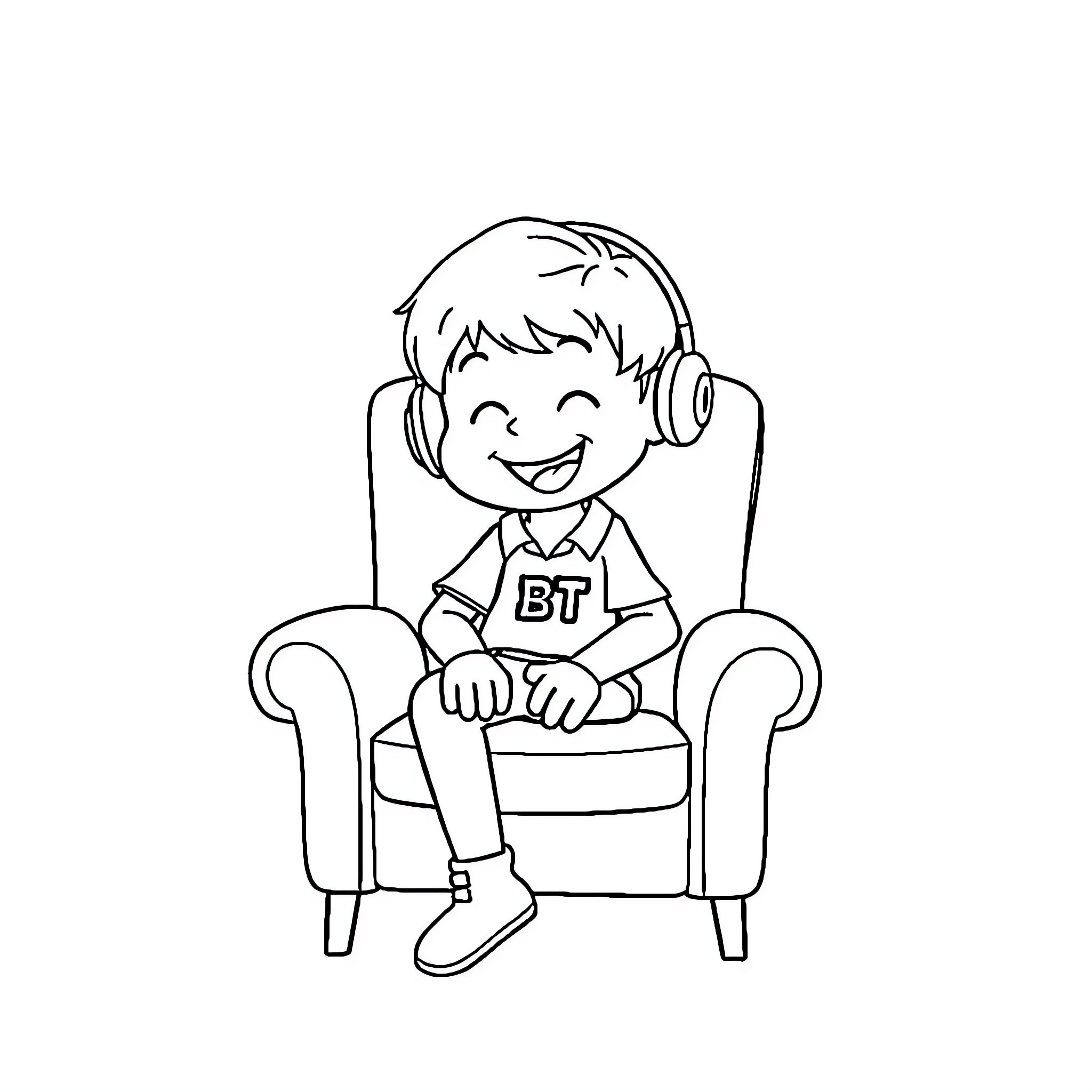 Tata Boy Listening to Music on Armchair Coloring Page (free black-and-white line drawing printable PDF for all, from beginners to advanced learners, including children, teens, adults, and seniors)