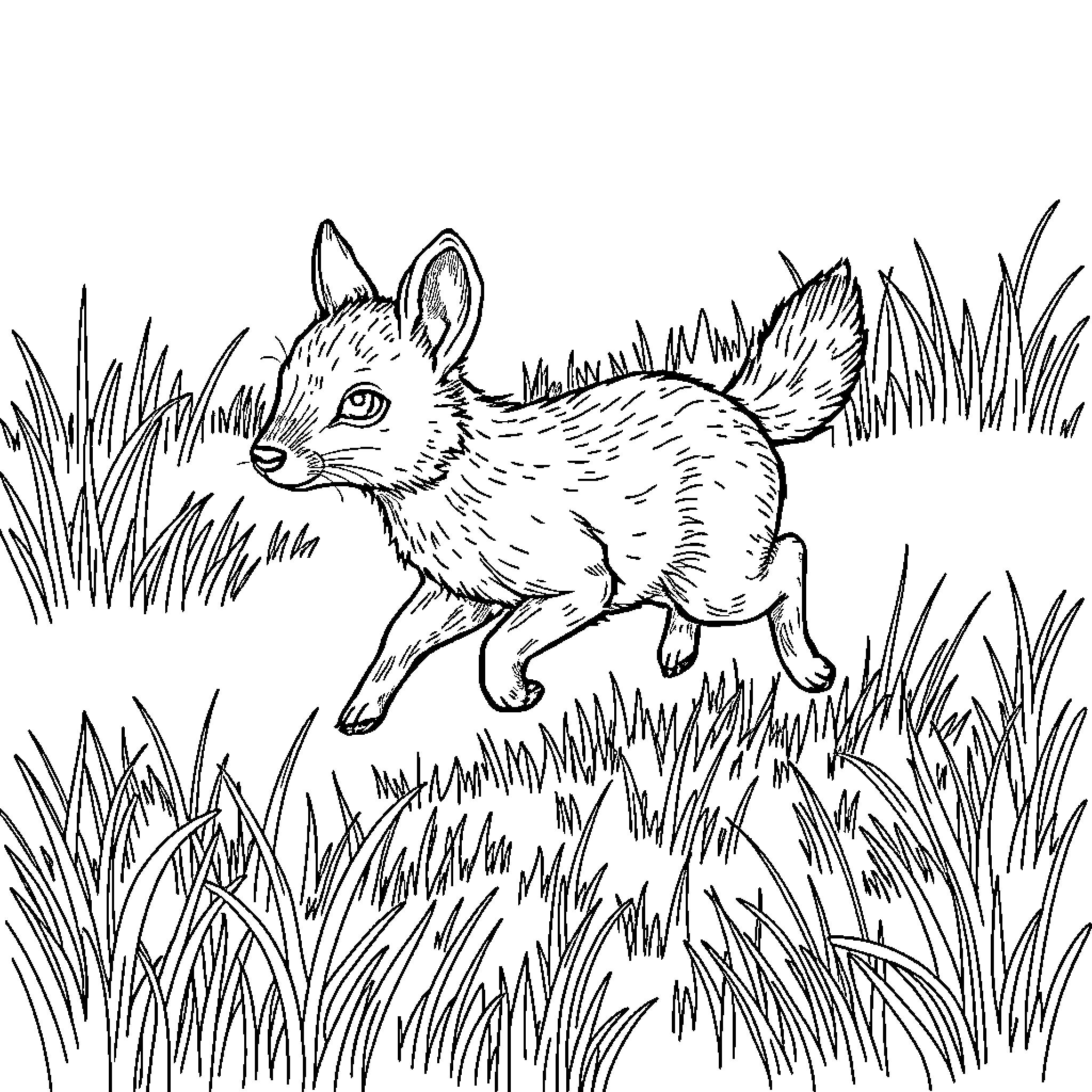 Animal running through a grassy field Coloring Page (free black-and-white line drawing printable PDF for all, from beginners to advanced learners, including children, teens, adults, and seniors)