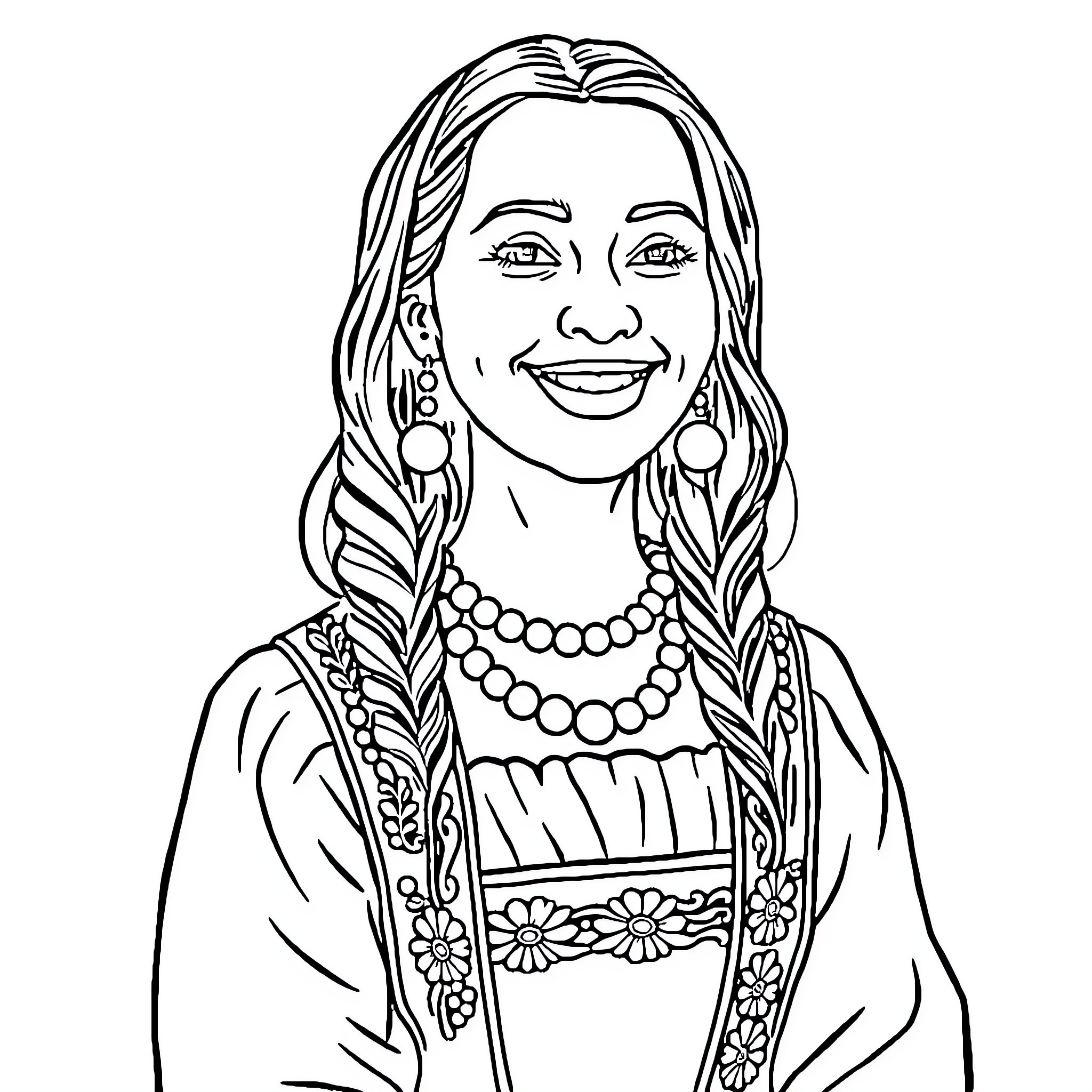 Jewish Woman Smiling Brightly in Traditional Garb Coloring Page (free black-and-white line drawing printable PDF for all, from beginners to advanced learners, including children, teens, adults, and seniors)