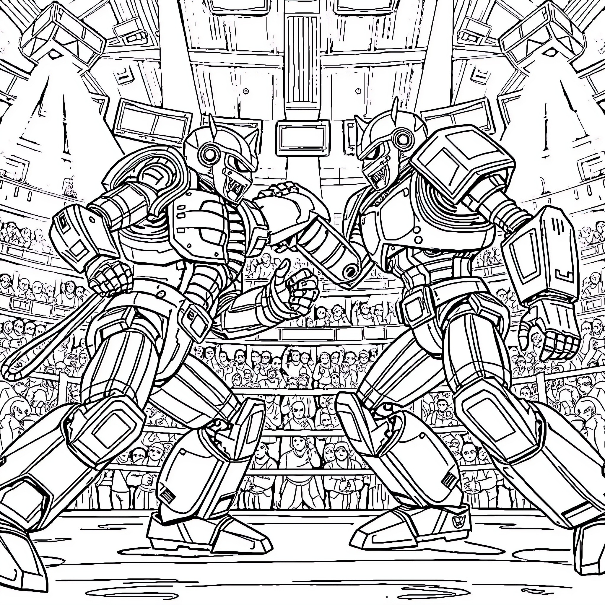 Robot Gladiators Battling in Futuristic Arena Coloring Page (free black-and-white line drawing printable PDF for all, from beginners to advanced learners, including children, teens, adults, and seniors)