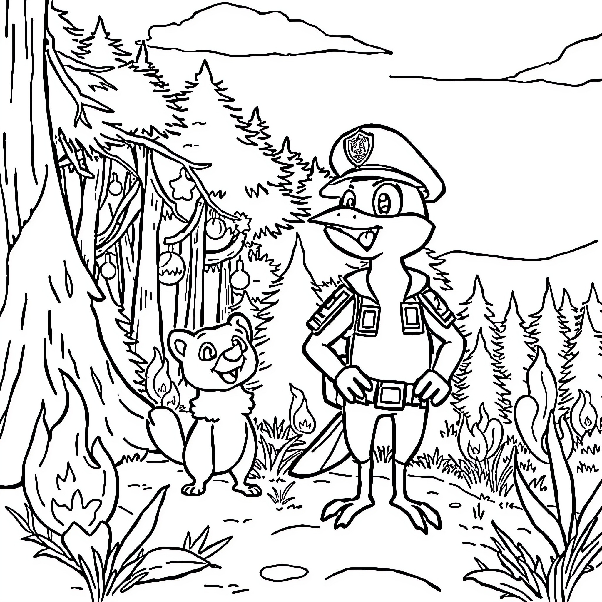 Chase in the Wilderness with Forest Friends Coloring Page (free black-and-white line drawing printable PDF for all, from beginners to advanced learners, including children, teens, adults, and seniors)