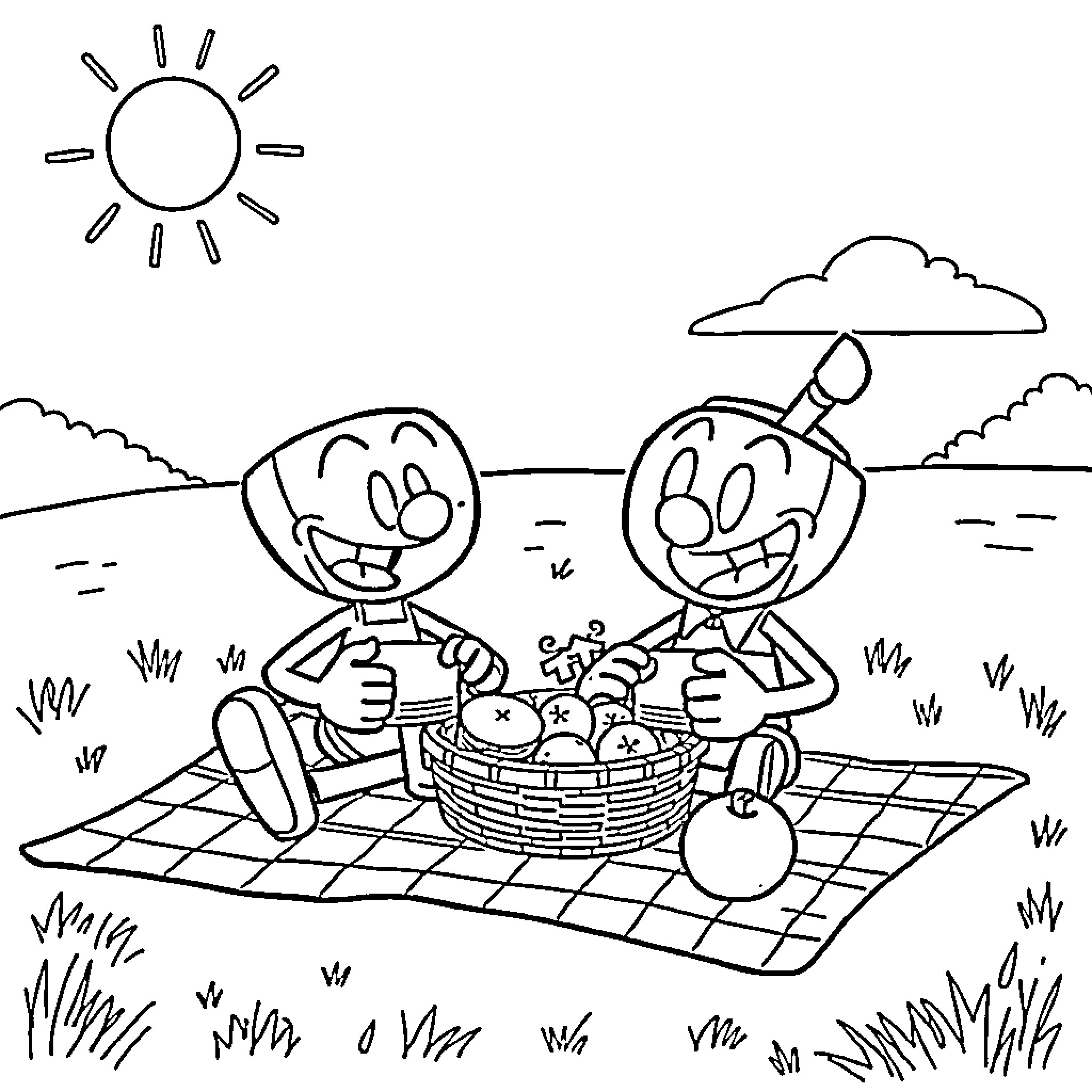 Cuphead Characters Enjoying a Picnic in the Park Coloring Page (free black-and-white line drawing printable PDF for all, from beginners to advanced learners, including children, teens, adults, and seniors)