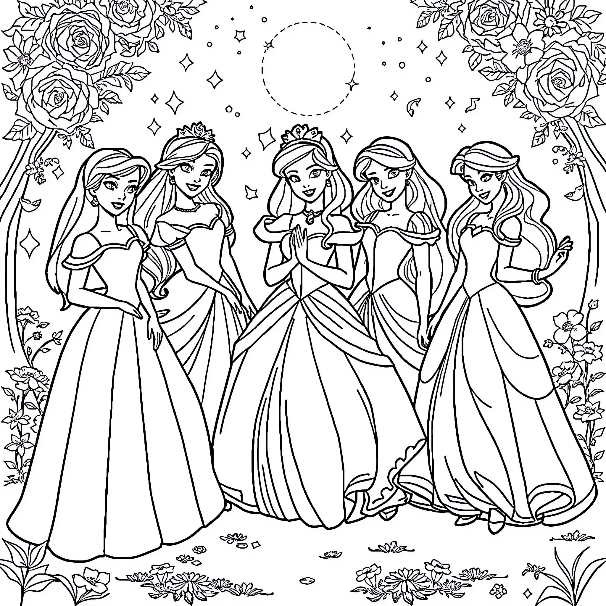 Princess Royalty Gathering with Floral Decor Coloring Page (free black-and-white line drawing printable PDF for all, from beginners to advanced learners, including children, teens, adults, and seniors)