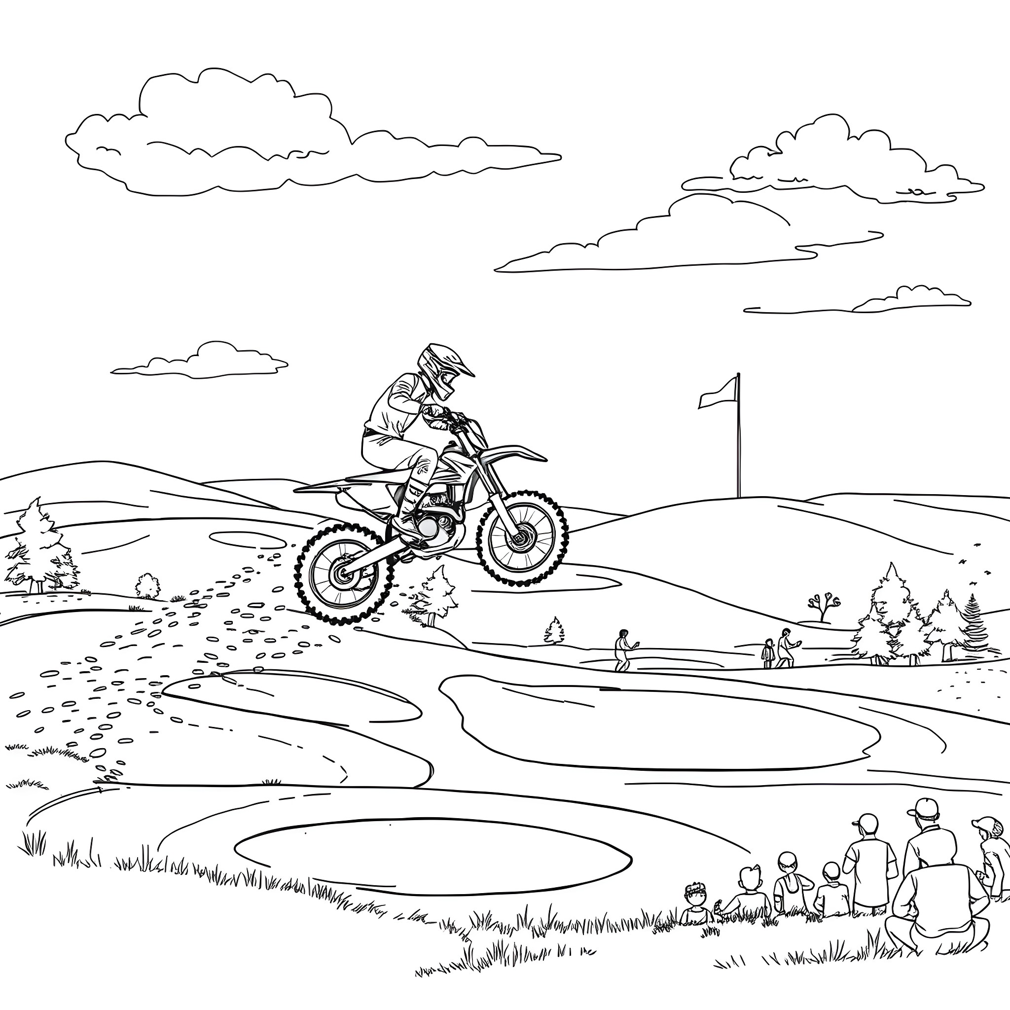 Dirt Bike Rider Performing Stunt on Rugged Terrain Coloring Page (free black-and-white line drawing printable PDF for all, from beginners to advanced learners, including children, teens, adults, and seniors)