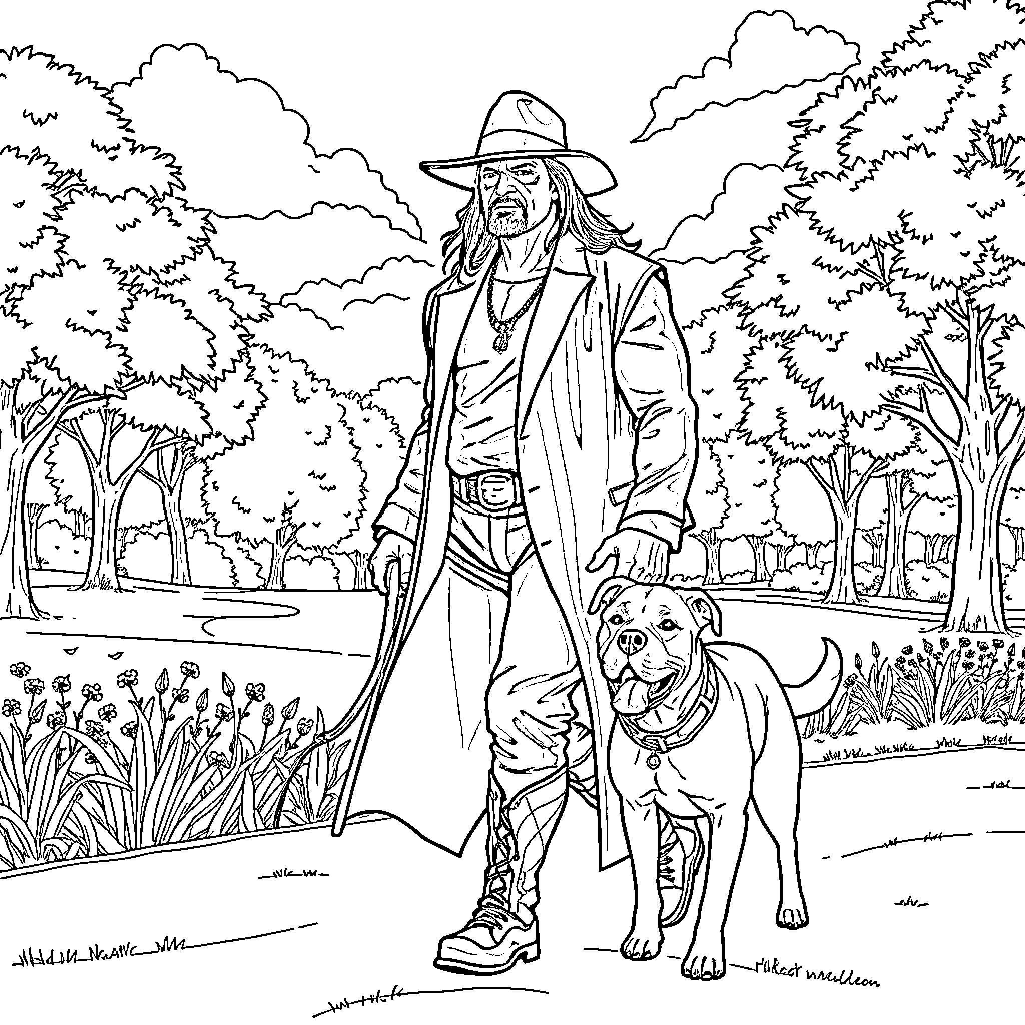 Undertaker and his loyal companion in the wilderness Coloring Page (free black-and-white line drawing printable PDF for all, from beginners to advanced learners, including children, teens, adults, and seniors)
