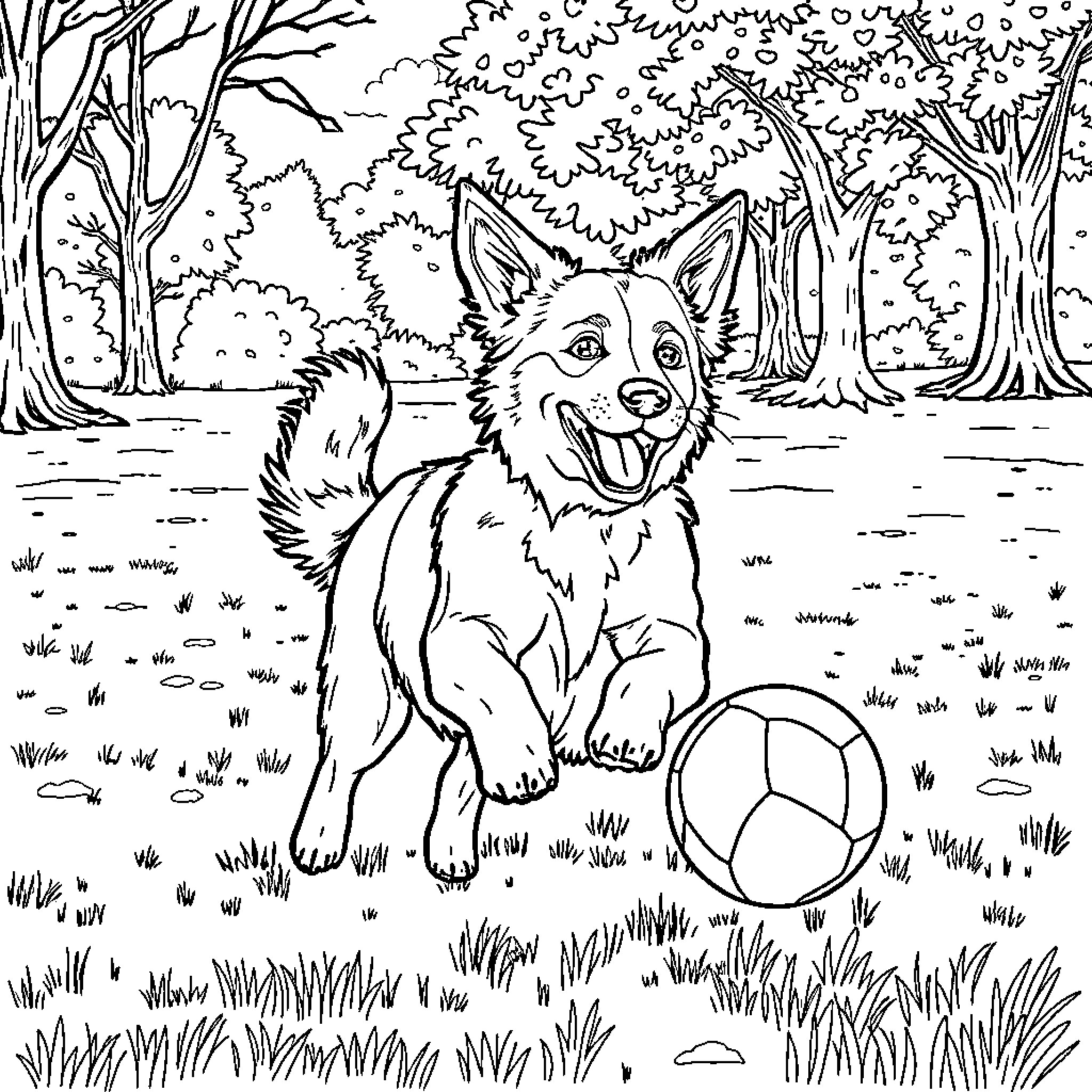 Dog playing joyfully in the forest Coloring Page (free black-and-white line drawing printable PDF for all, from beginners to advanced learners, including children, teens, adults, and seniors)