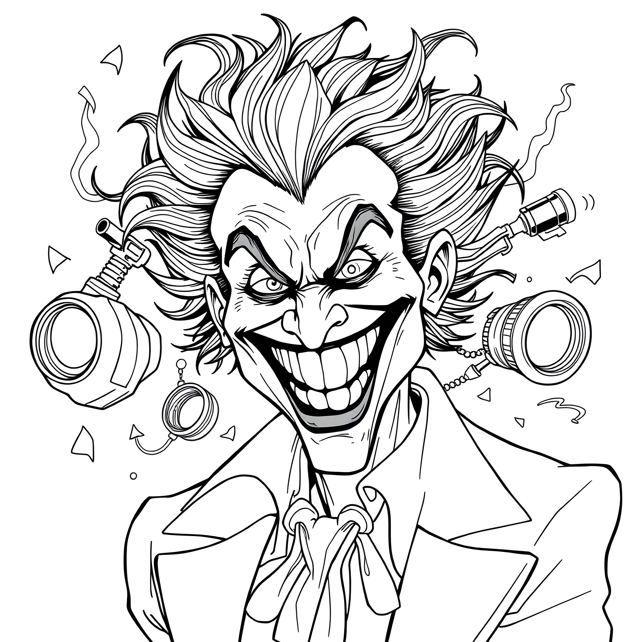 Joker's Mischievous Grin and Chaotic Accessories Coloring Page (free black-and-white line drawing printable PDF for all, from beginners to advanced learners, including children, teens, adults, and seniors)