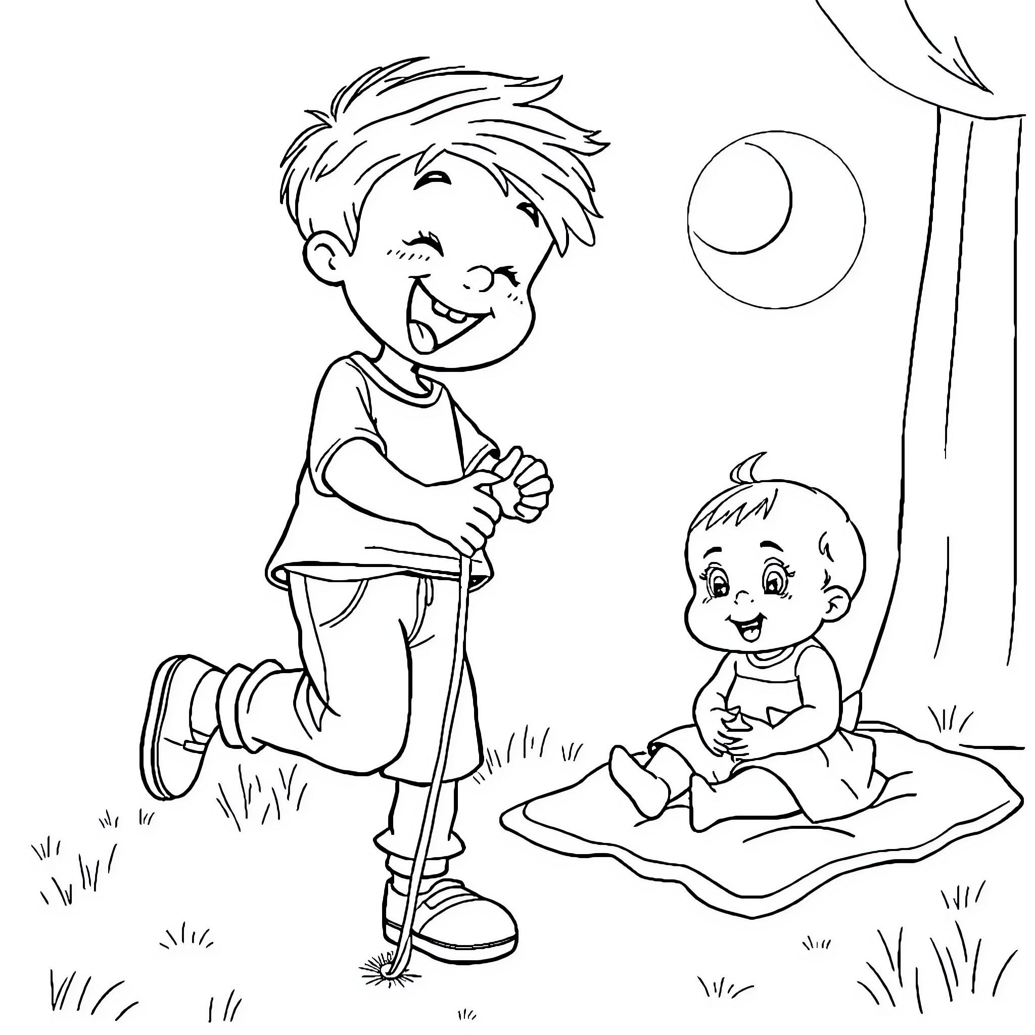 Boy entertains baby brother under the moonlight Coloring Page (free black-and-white line drawing printable PDF for all, from beginners to advanced learners, including children, teens, adults, and seniors)