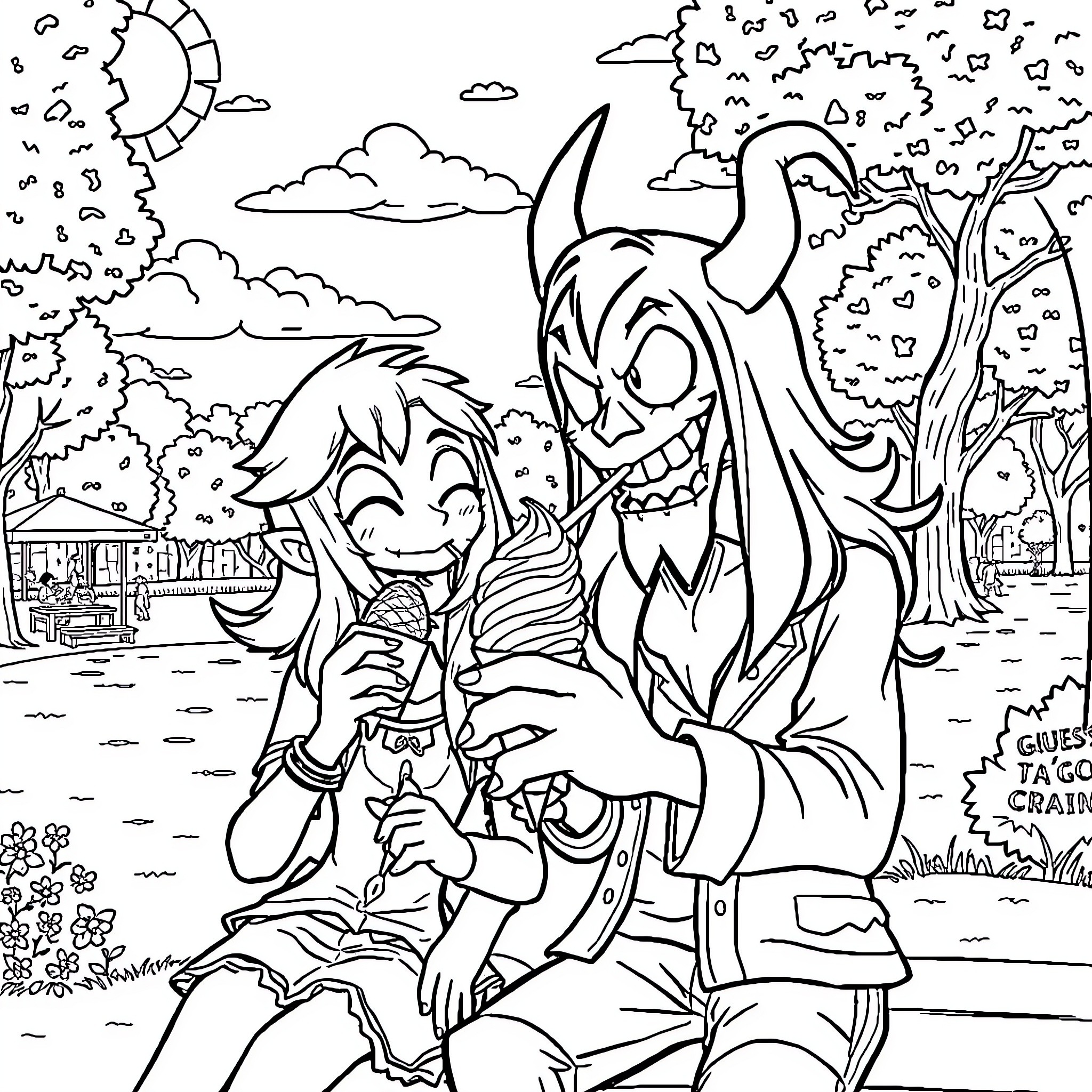 Noob Cartoon Characters Exploring Enchanted Forest Coloring Page (free black-and-white line drawing printable PDF for all, from beginners to advanced learners, including children, teens, adults, and seniors)
