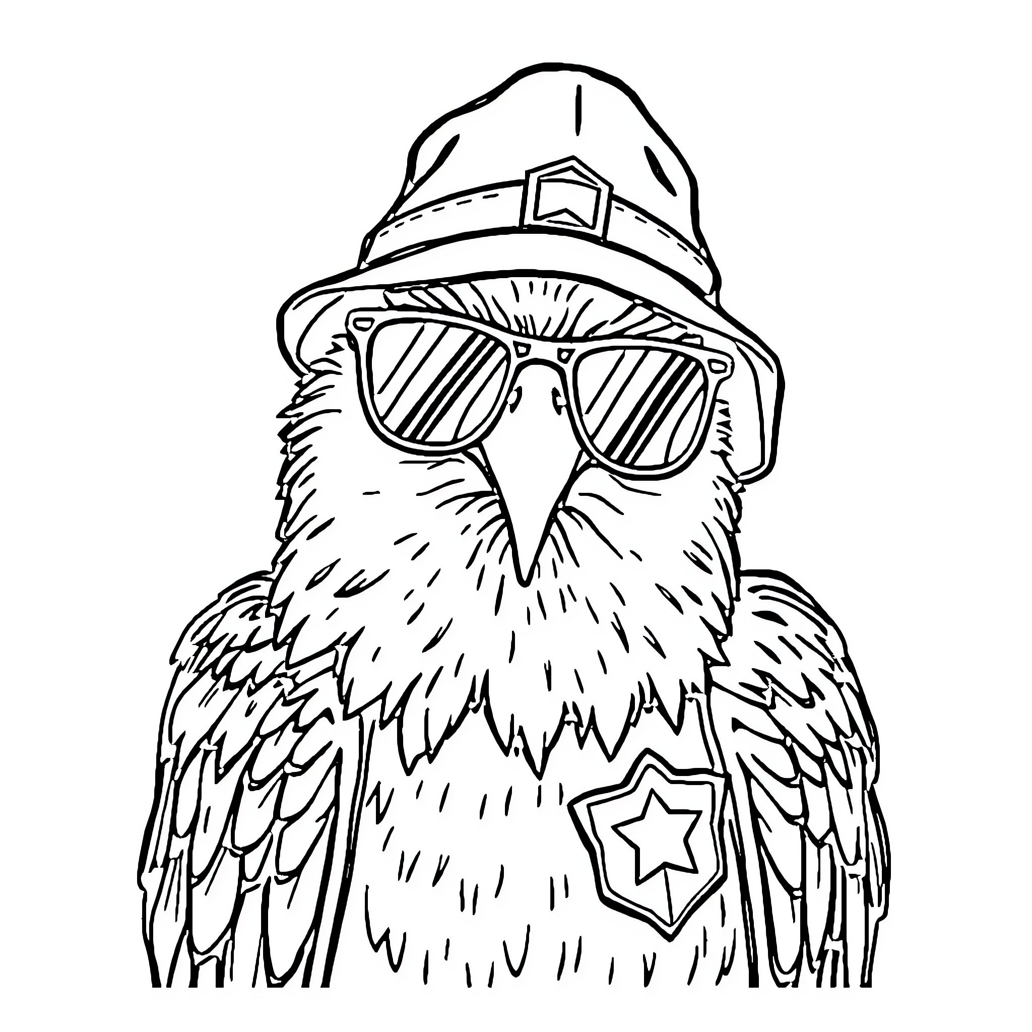 Aigle wearing stylish sunglasses and a patriotic hat Coloring Page (free black-and-white line drawing printable PDF for all, from beginners to advanced learners, including children, teens, adults, and seniors)