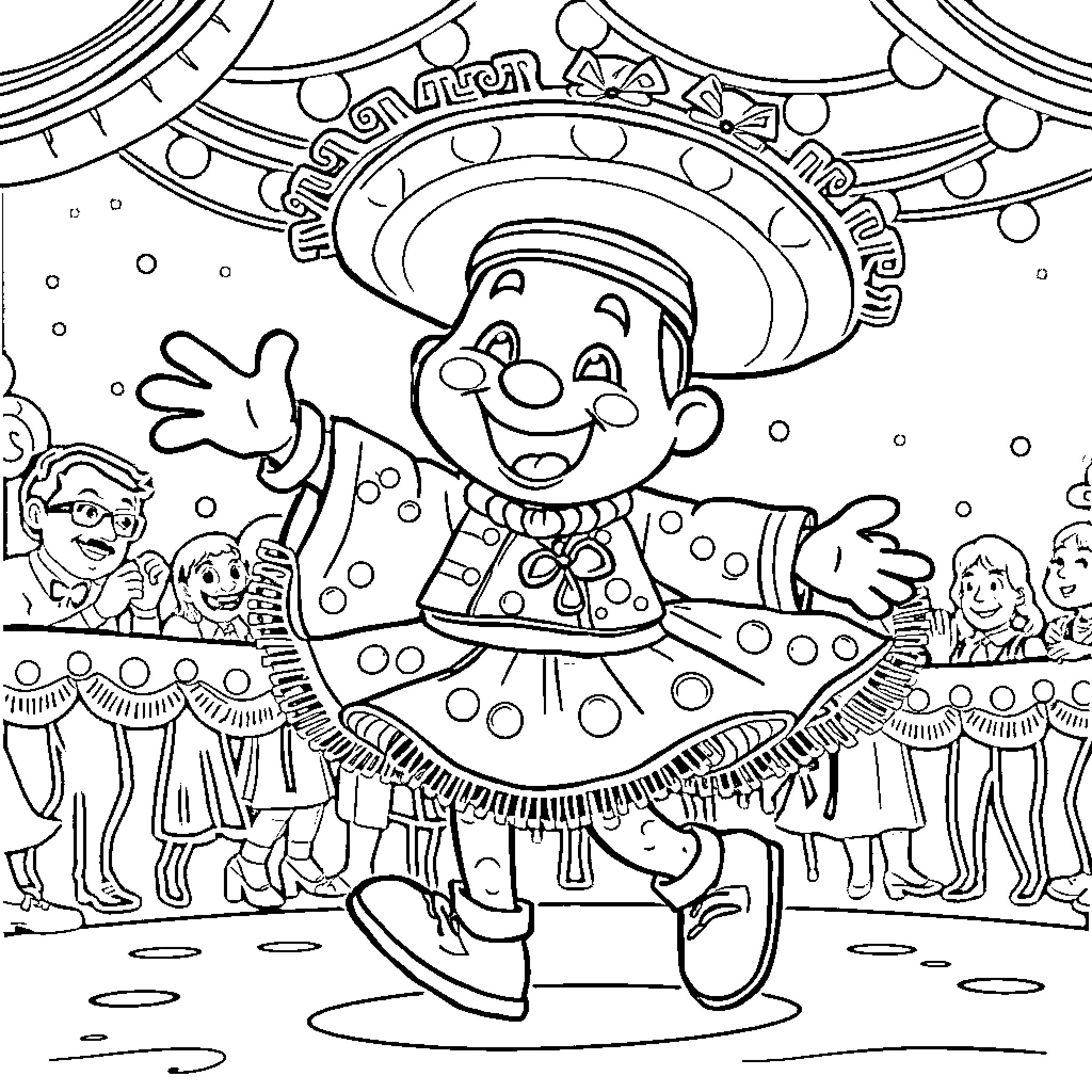 Cochiloco's Lively Mariachi Performance Coloring Page (free black-and-white line drawing printable PDF for all, from beginners to advanced learners, including children, teens, adults, and seniors)