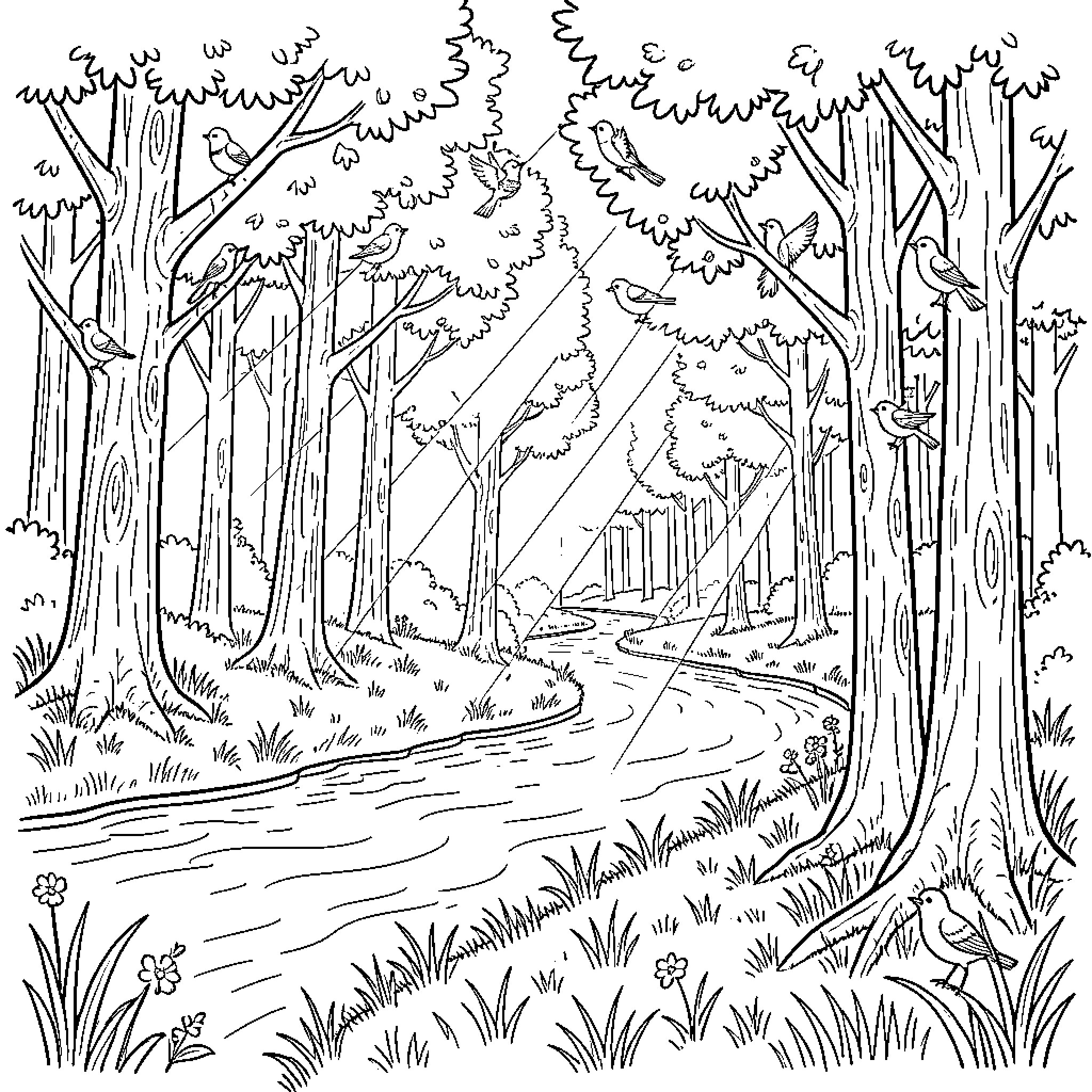 Forest path through lush vegetation Coloring Page (free black-and-white line drawing printable PDF for all, from beginners to advanced learners, including children, teens, adults, and seniors)