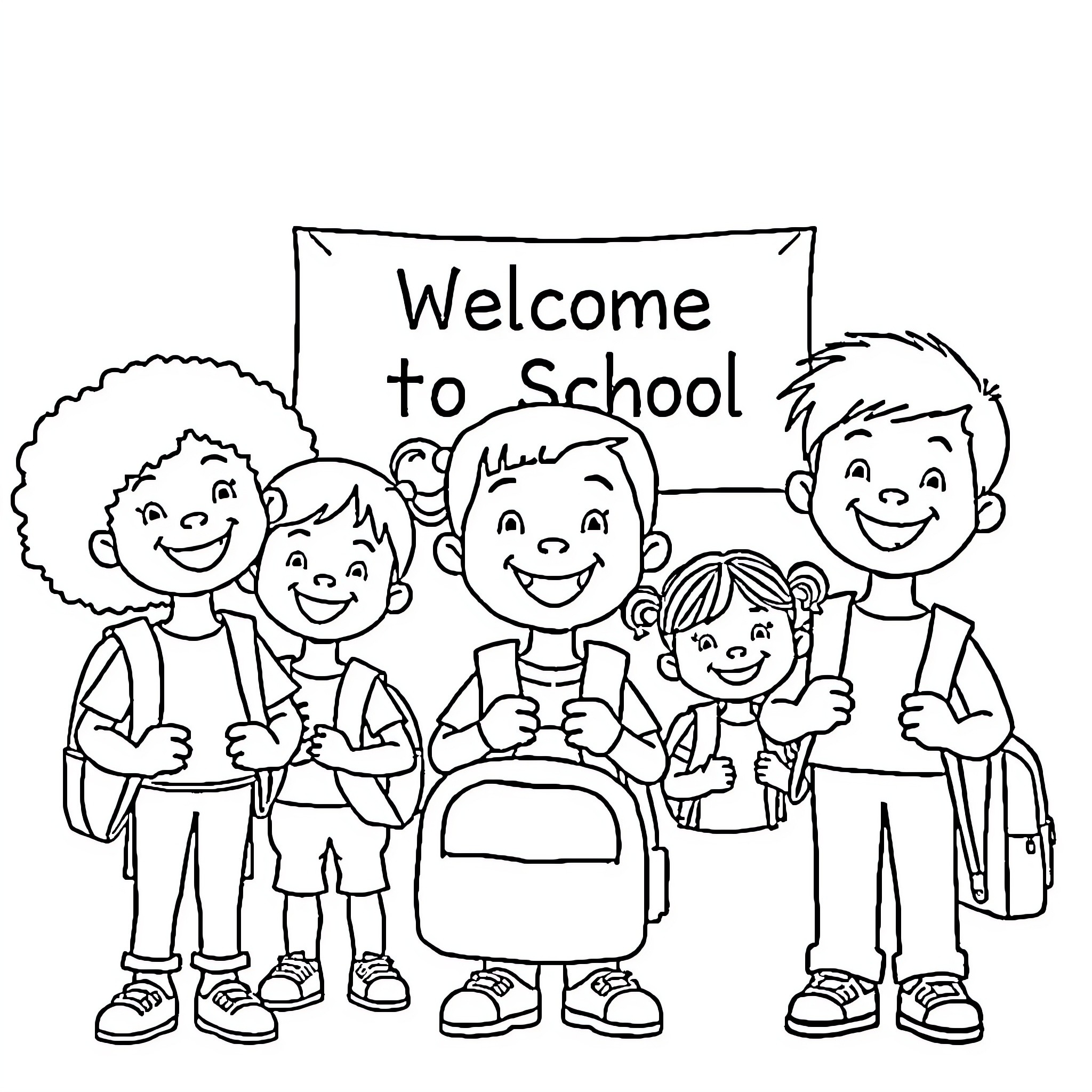 Children happily welcome new school year Coloring Page (free black-and-white line drawing printable PDF for all, from beginners to advanced learners, including children, teens, adults, and seniors)