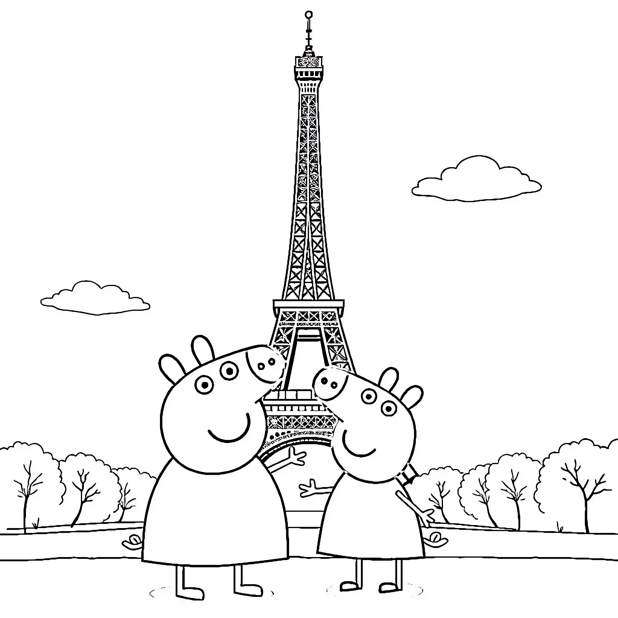 Peppa Pig and friend visit the Eiffel Tower Coloring Page (free black-and-white line drawing printable PDF for all, from beginners to advanced learners, including children, teens, adults, and seniors)