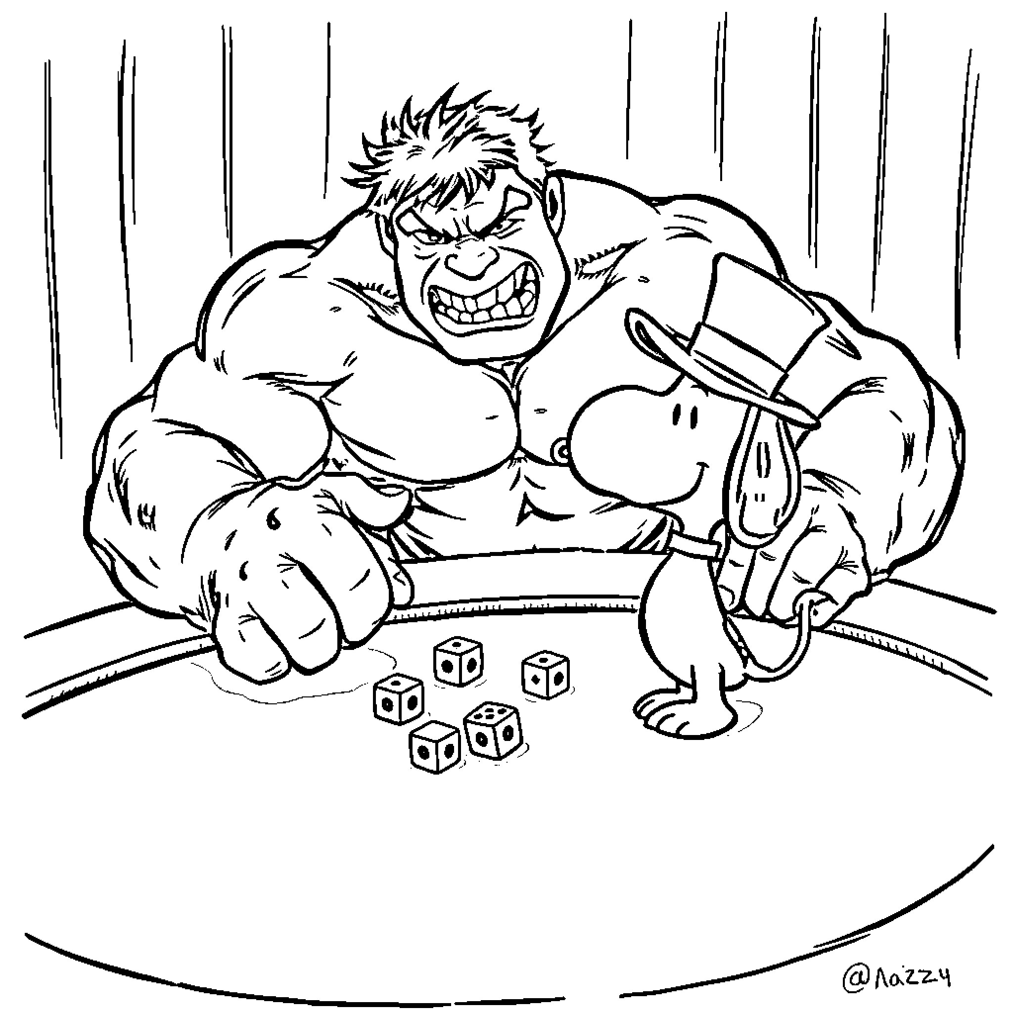 Hulk Smashes Dice in Intense Fury Coloring Page (free black-and-white line drawing printable PDF for all, from beginners to advanced learners, including children, teens, adults, and seniors)