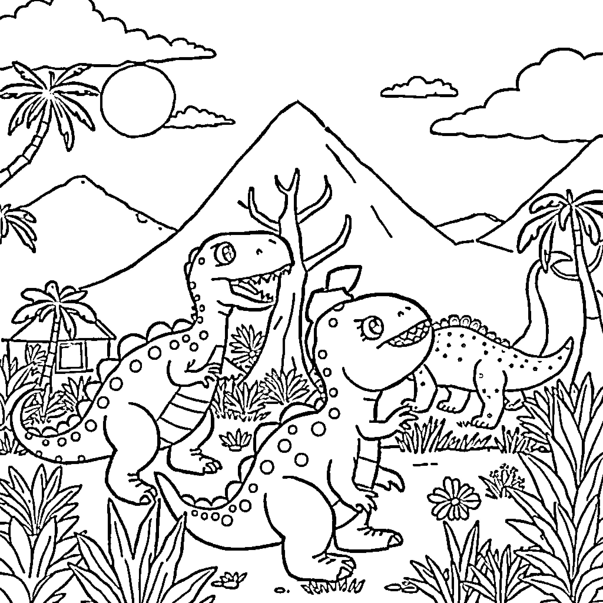 Baby Dinosaurs Exploring Tropical Landscape Coloring Page (free black-and-white line drawing printable PDF for all, from beginners to advanced learners, including children, teens, adults, and seniors)
