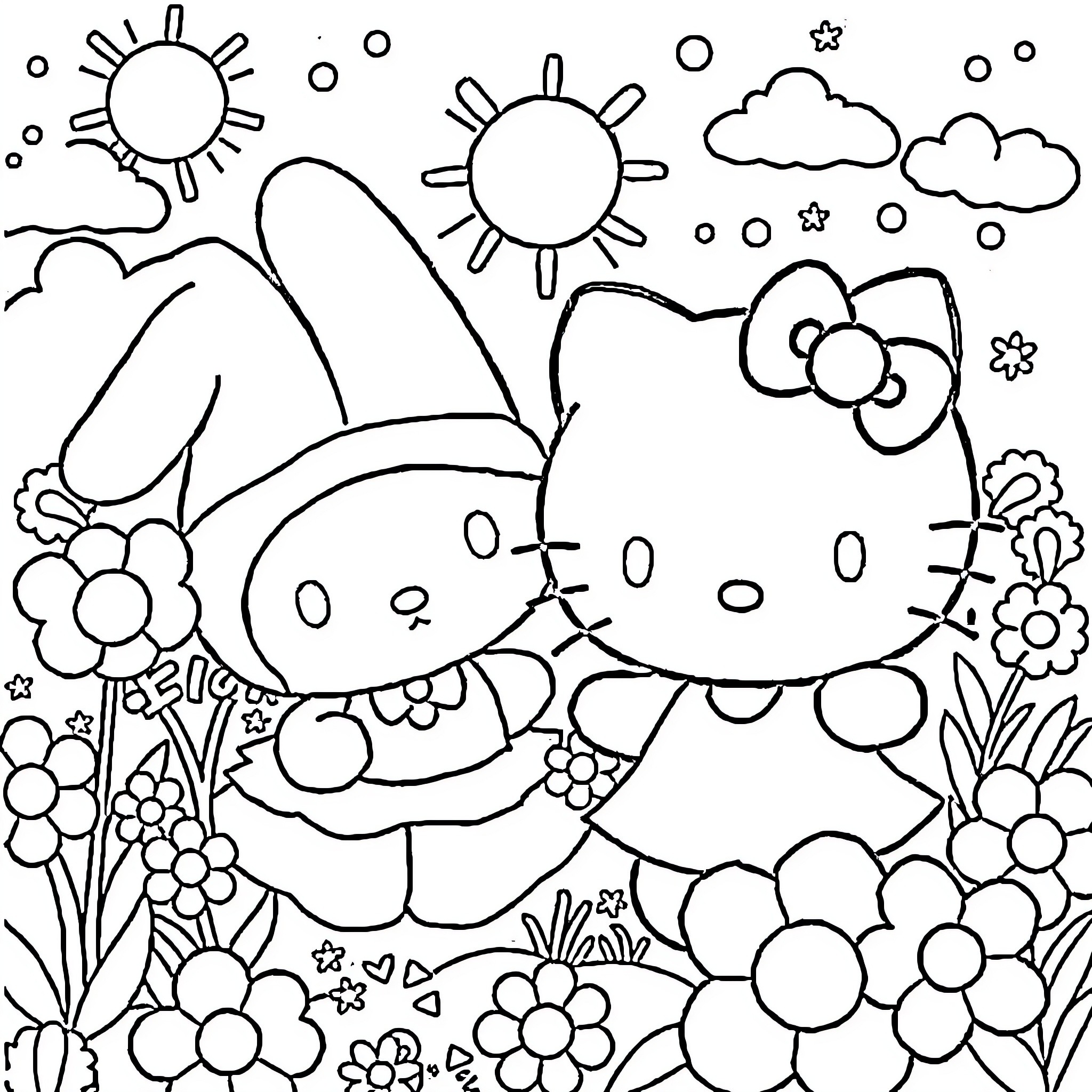 Sanrio Character in Floral Garden Scene Coloring Page (free black-and-white line drawing printable PDF for all, from beginners to advanced learners, including children, teens, adults, and seniors)