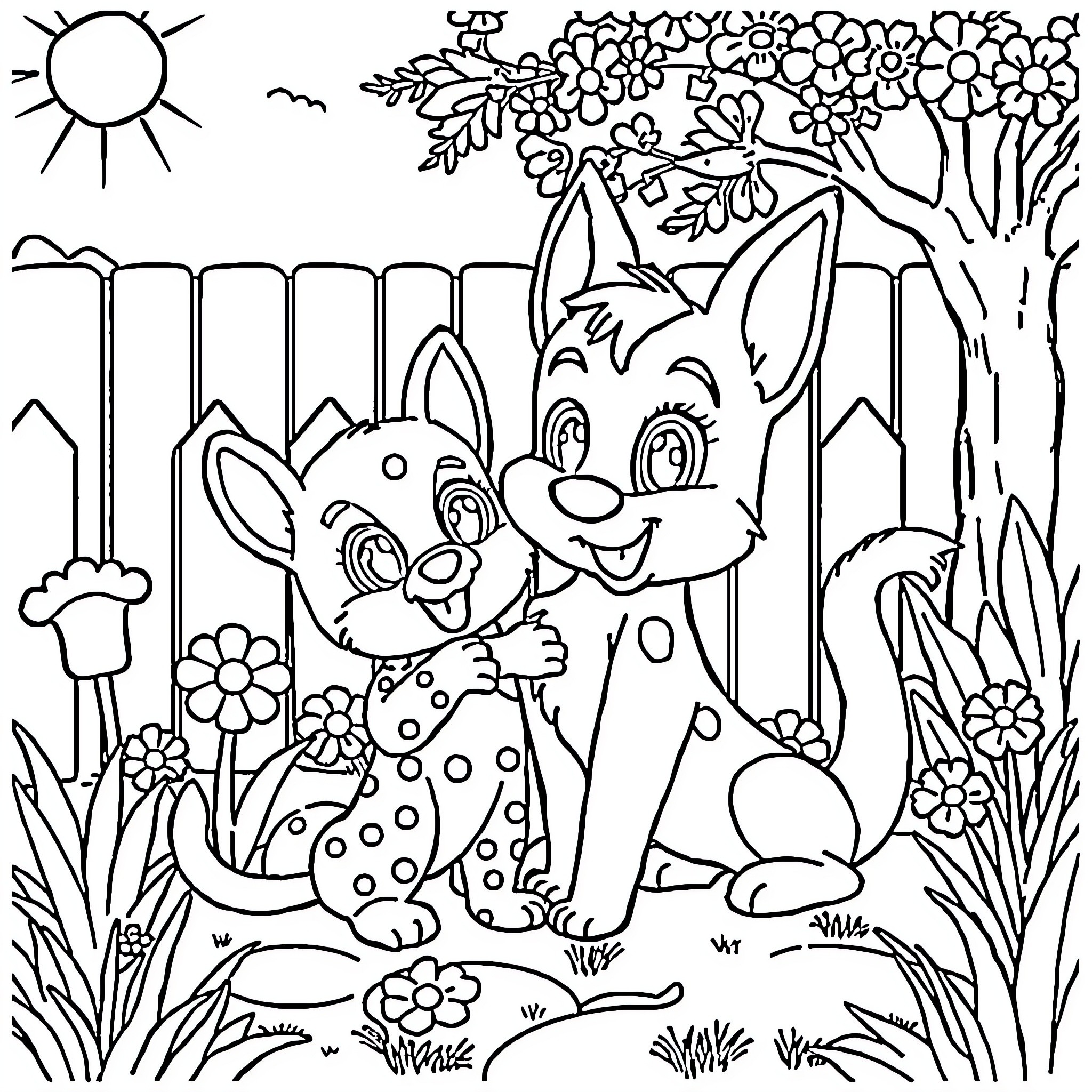 Bluey's Flower-Filled Adventure Coloring Page (free black-and-white line drawing printable PDF for all, from beginners to advanced learners, including children, teens, adults, and seniors)