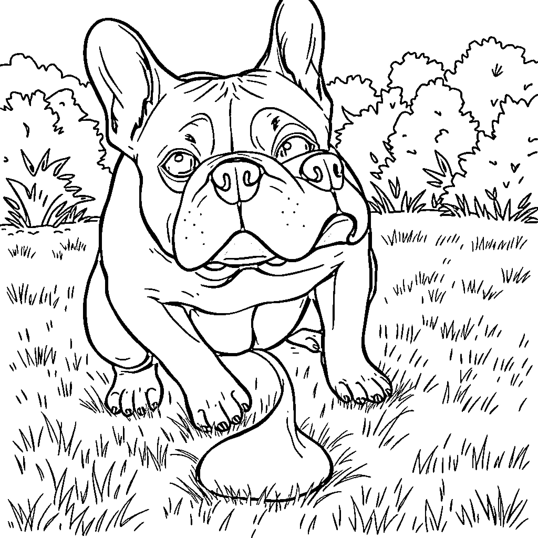 French Bulldog exploring the outdoors happily Coloring Page (free black-and-white line drawing printable PDF for all, from beginners to advanced learners, including children, teens, adults, and seniors)