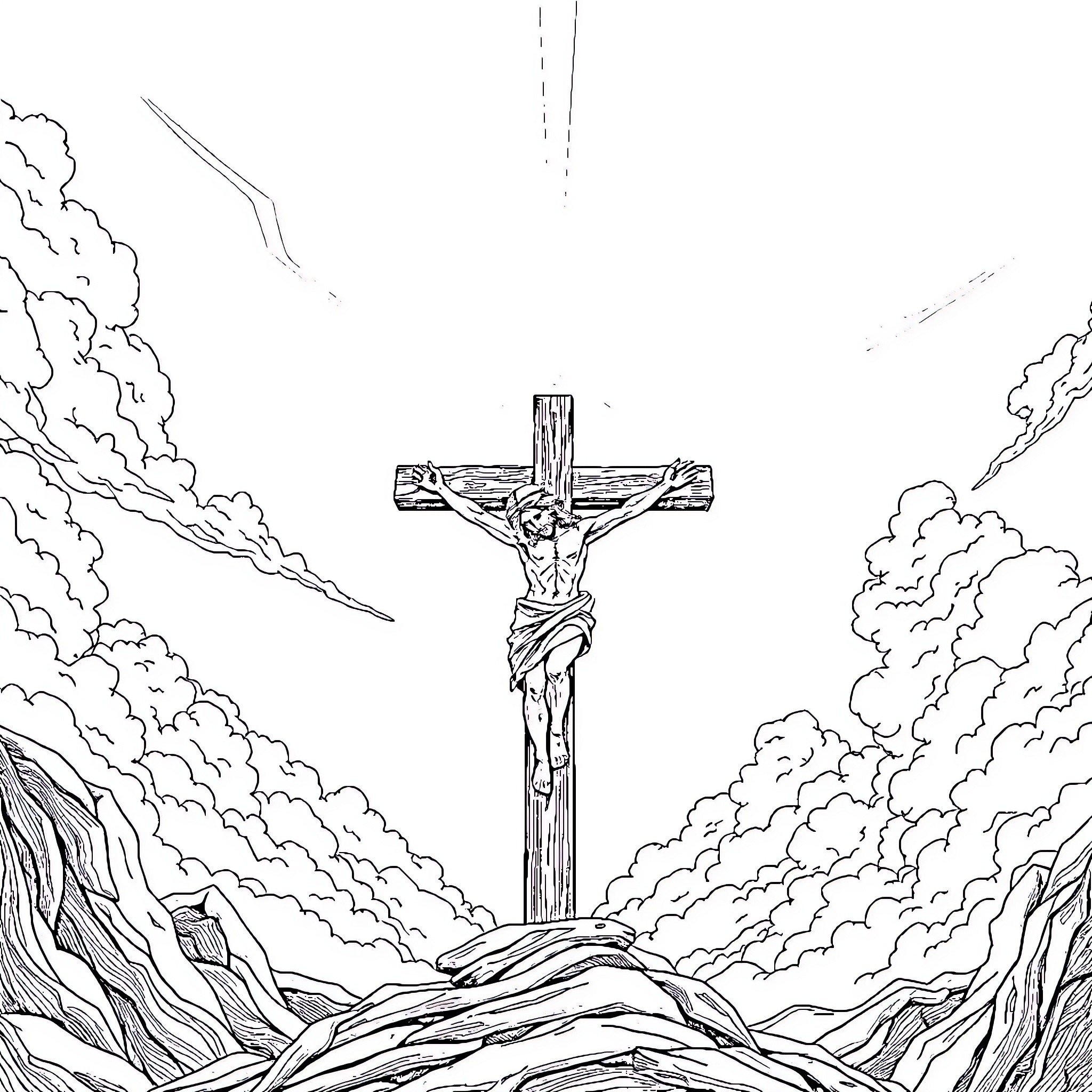 God's Crucifixion Depicted in Dramatic Landscape Coloring Page (free black-and-white line drawing printable PDF for all, from beginners to advanced learners, including children, teens, adults, and seniors)