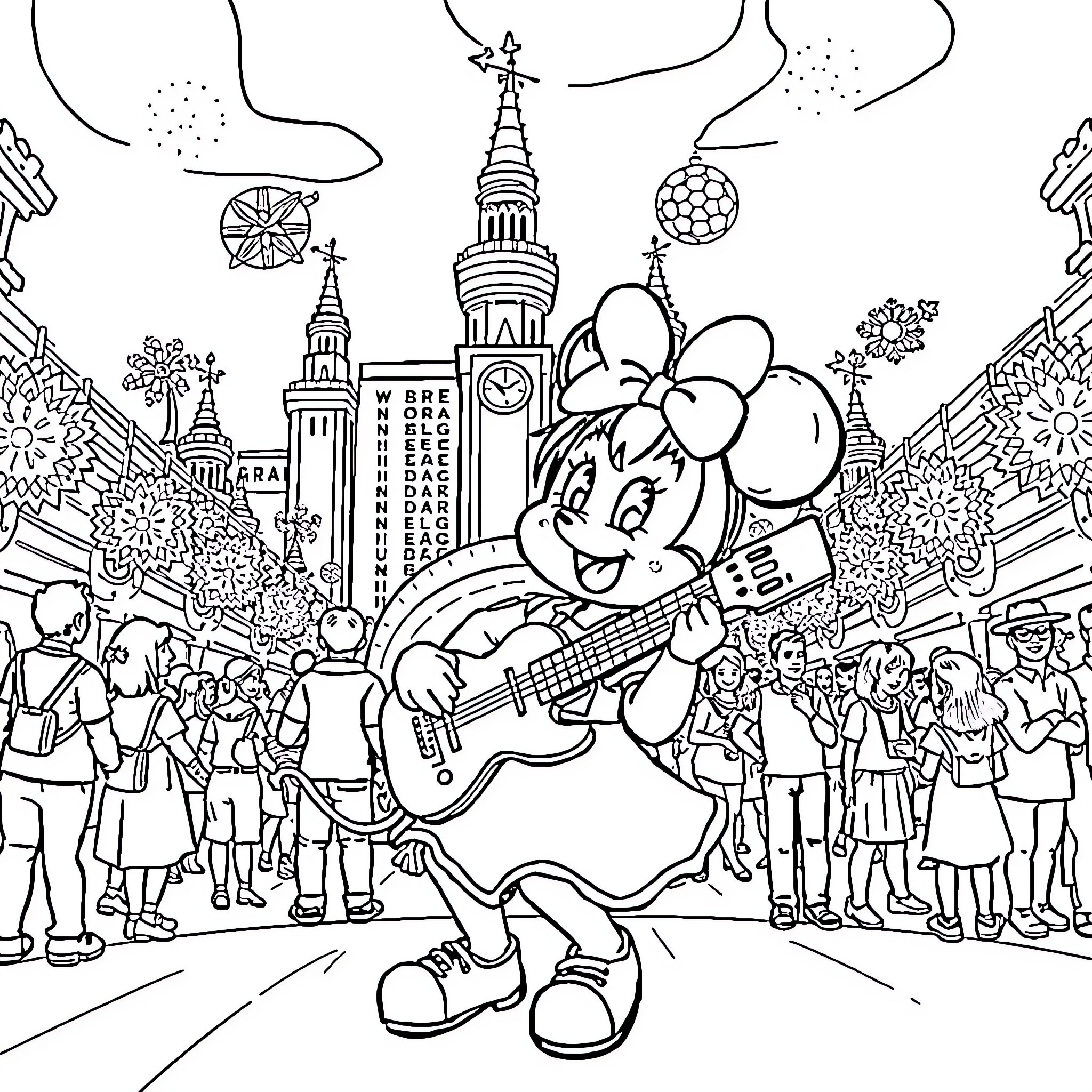 Kuromi's Musical Performance in the City Coloring Page (free black-and-white line drawing printable PDF for all, from beginners to advanced learners, including children, teens, adults, and seniors)