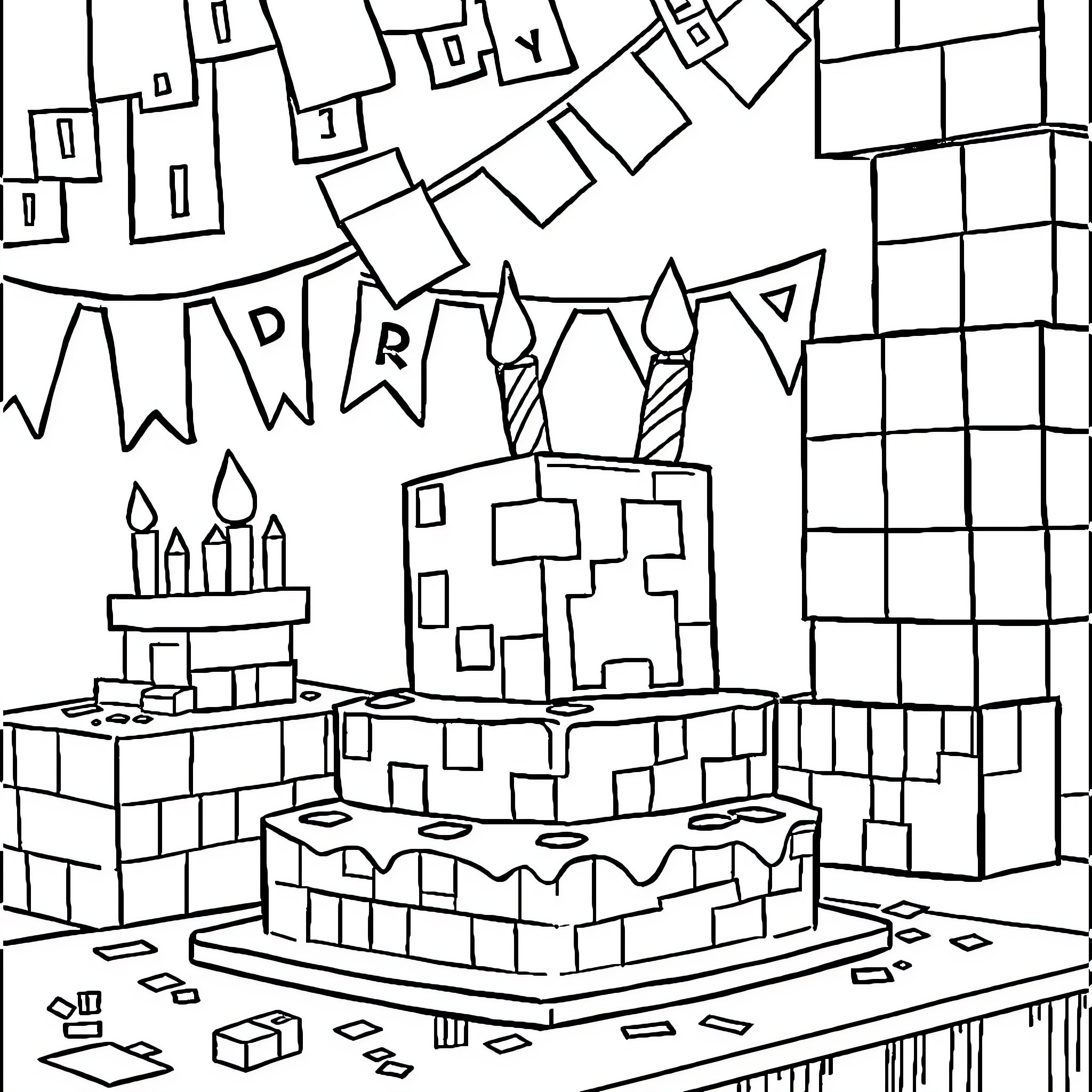 Minecraft Birthday Party with Cake and Decorations Coloring Page (free black-and-white line drawing printable PDF for all, from beginners to advanced learners, including children, teens, adults, and seniors)
