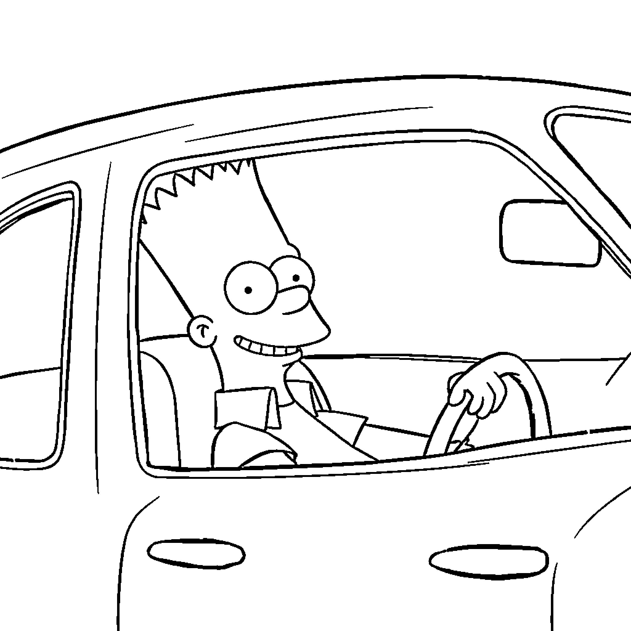 Bart Simpson driving a car with a grin Coloring Page (free black-and-white line drawing printable PDF for all, from beginners to advanced learners, including children, teens, adults, and seniors)