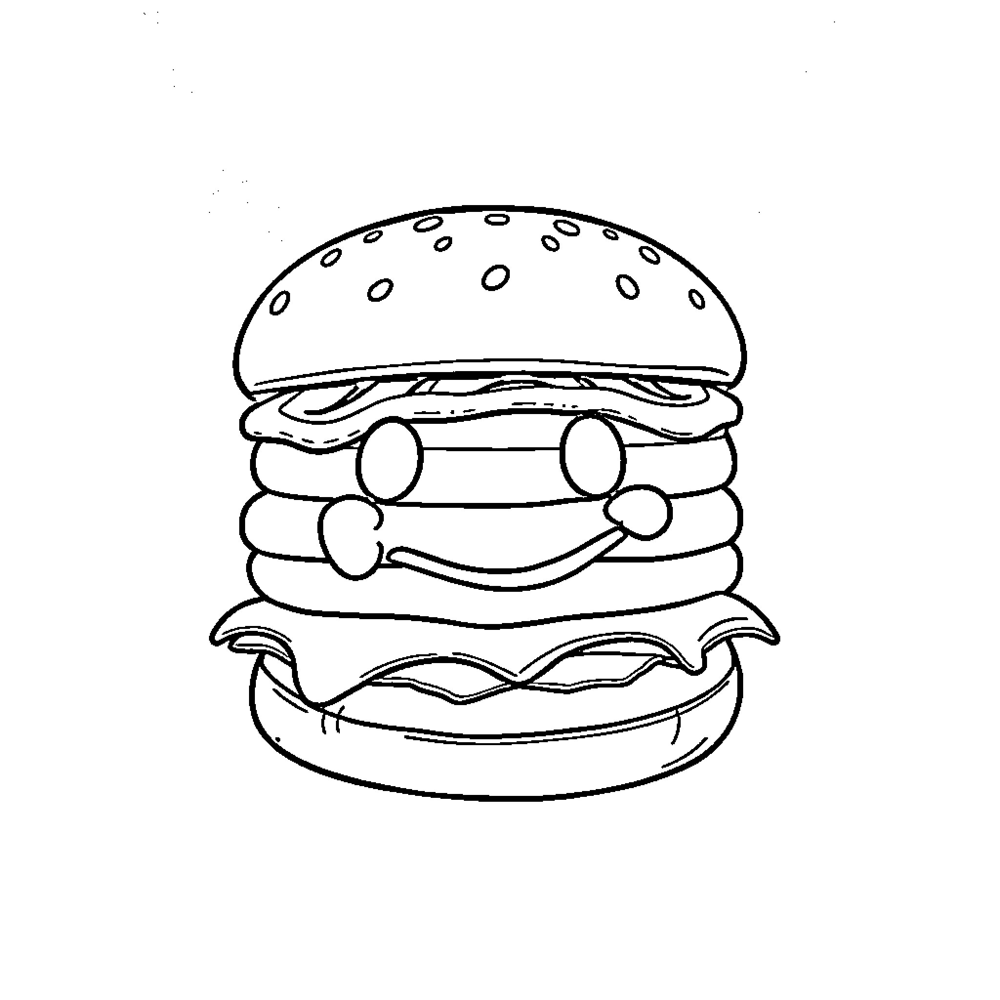 Cheeseburger with a smiling face Coloring Page (free black-and-white line drawing printable PDF for all, from beginners to advanced learners, including children, teens, adults, and seniors)