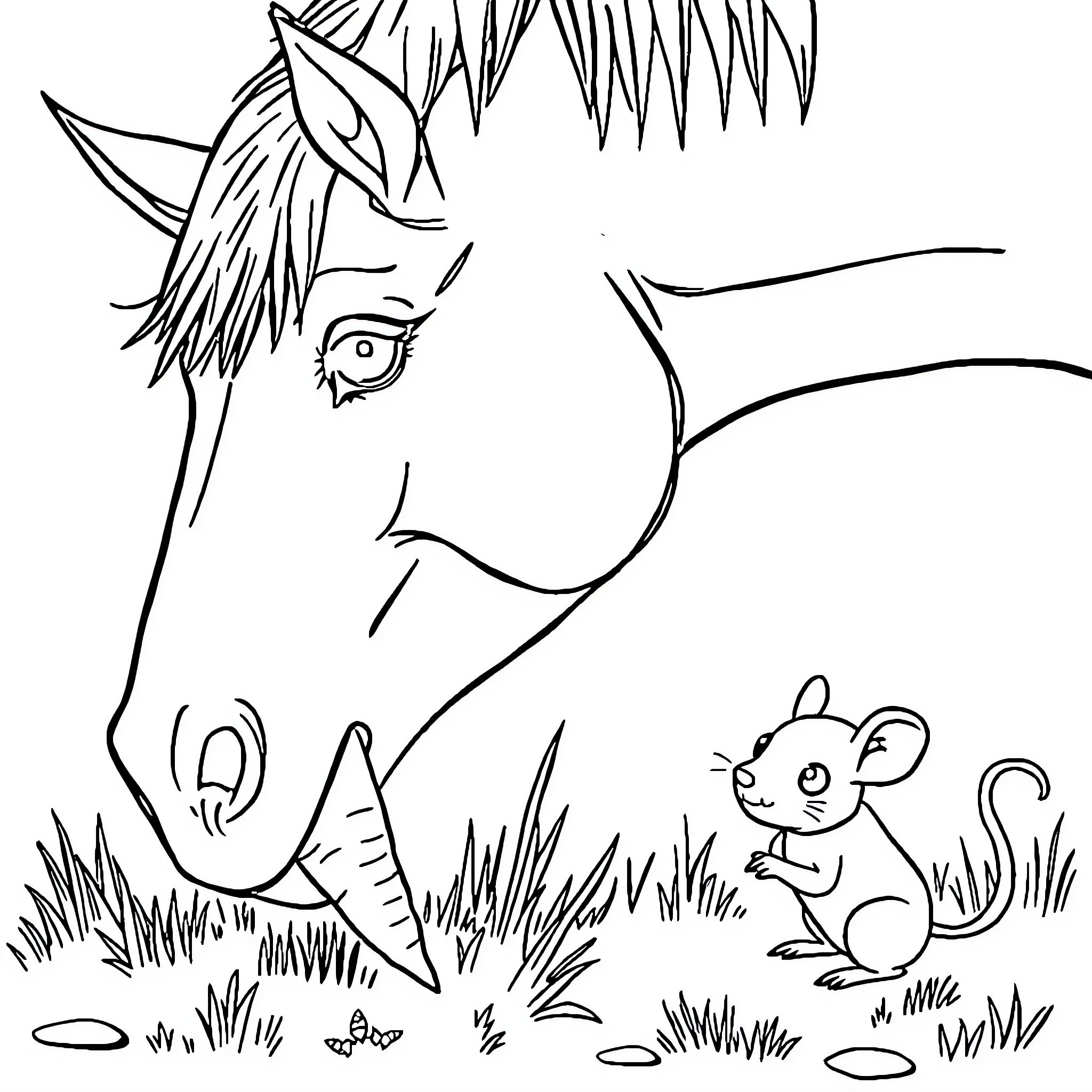 Horse observing curious mouse in field Coloring Page (free black-and-white line drawing printable PDF for all, from beginners to advanced learners, including children, teens, adults, and seniors)