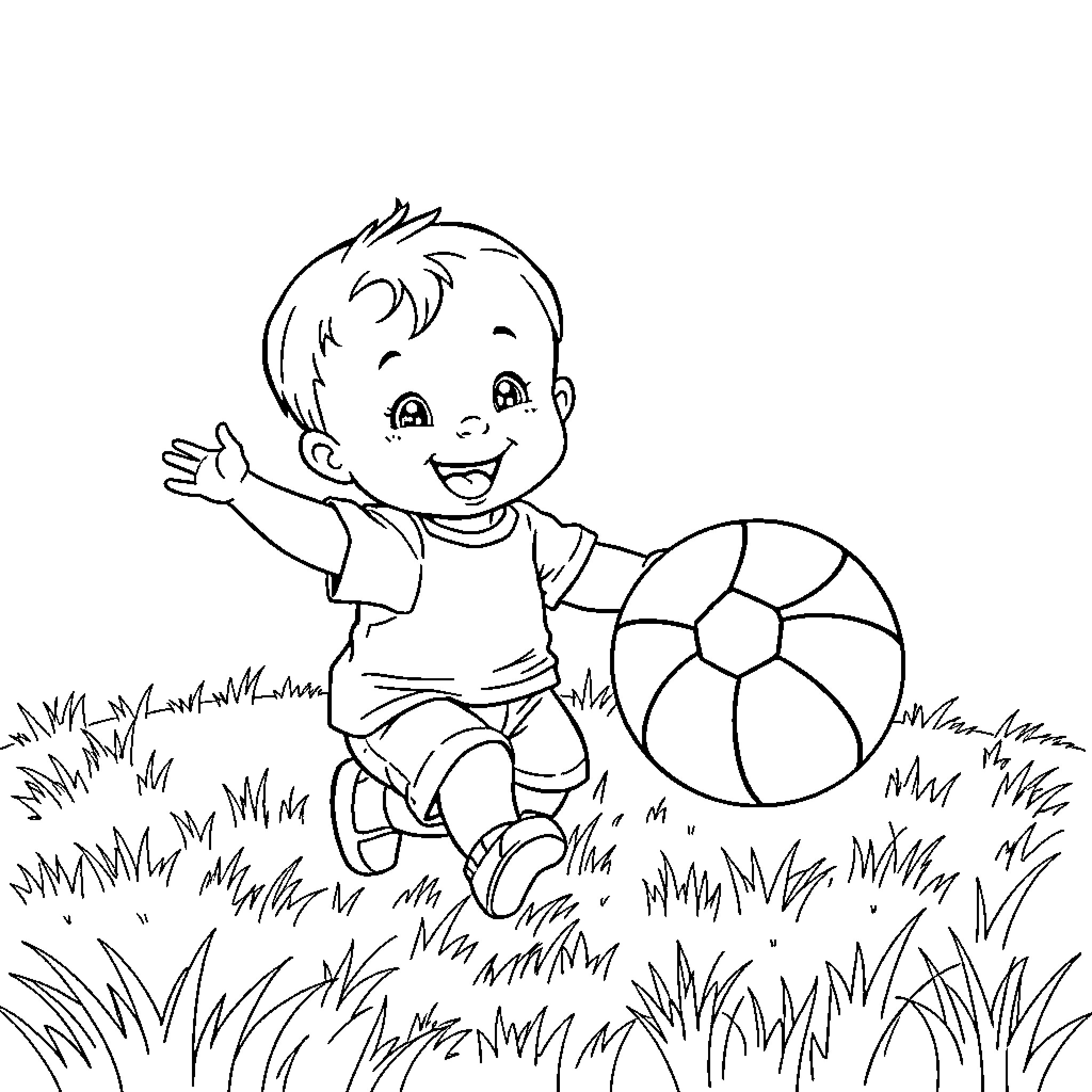 Toddler joyfully playing with ball in grassy field Coloring Page (free black-and-white line drawing printable PDF for all, from beginners to advanced learners, including children, teens, adults, and seniors)