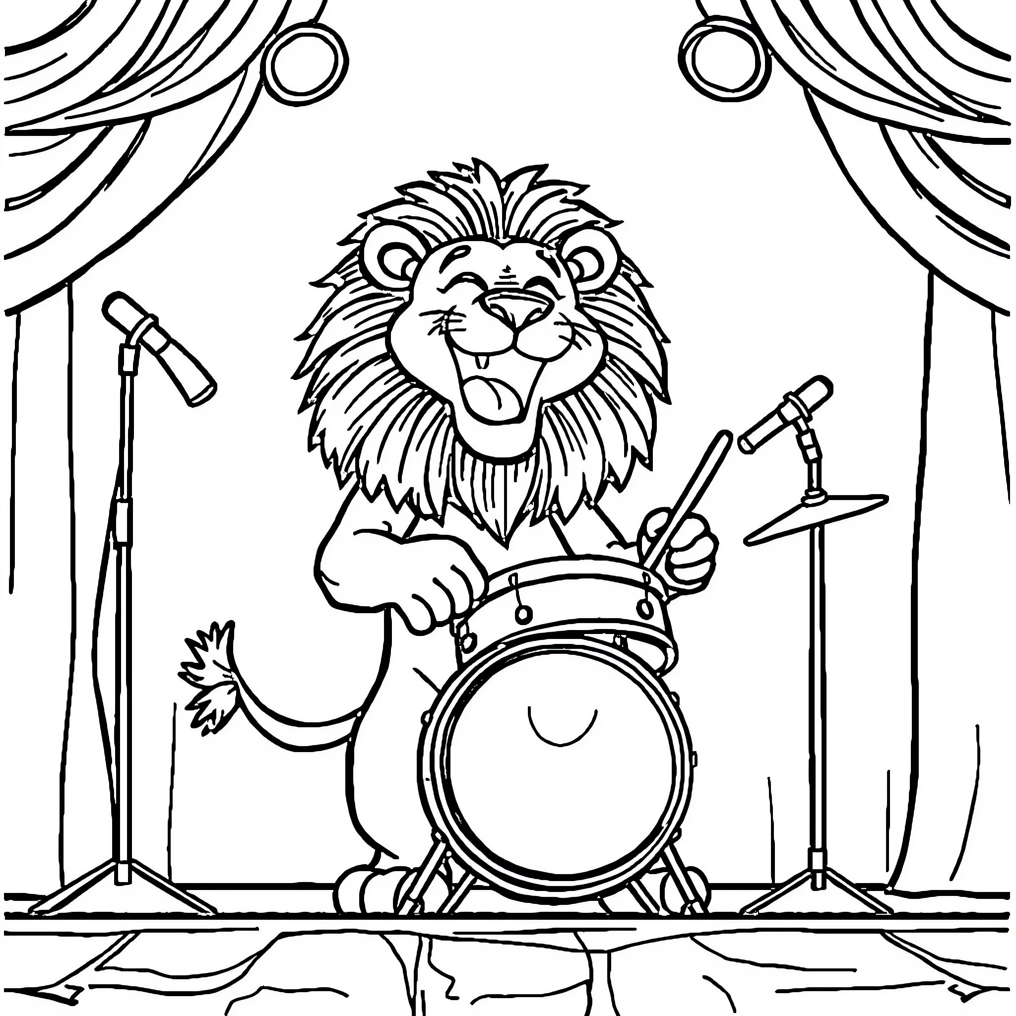 Lion performing on stage with drums Coloring Page (free black-and-white line drawing printable PDF for all, from beginners to advanced learners, including children, teens, adults, and seniors)